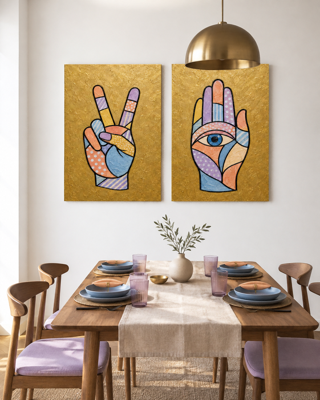 Hand-Painted Victory And Hamsa Hand Canvas Art Set With Gold Background Modern Gold Wall Art Decor For Living Room With Pop Art Style Hands