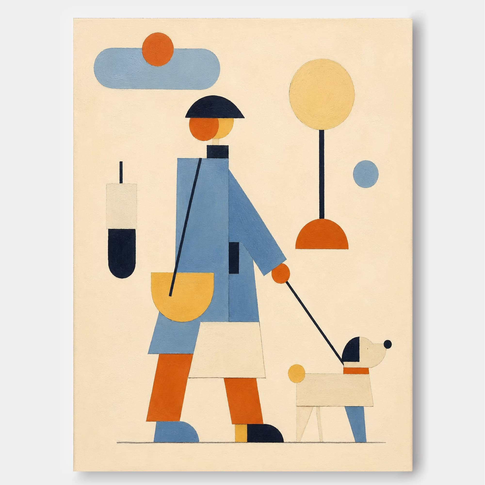 Minimalist Geometric Oil Painting Of Daily Life Scene With Abstract Shapes And Soft Colors