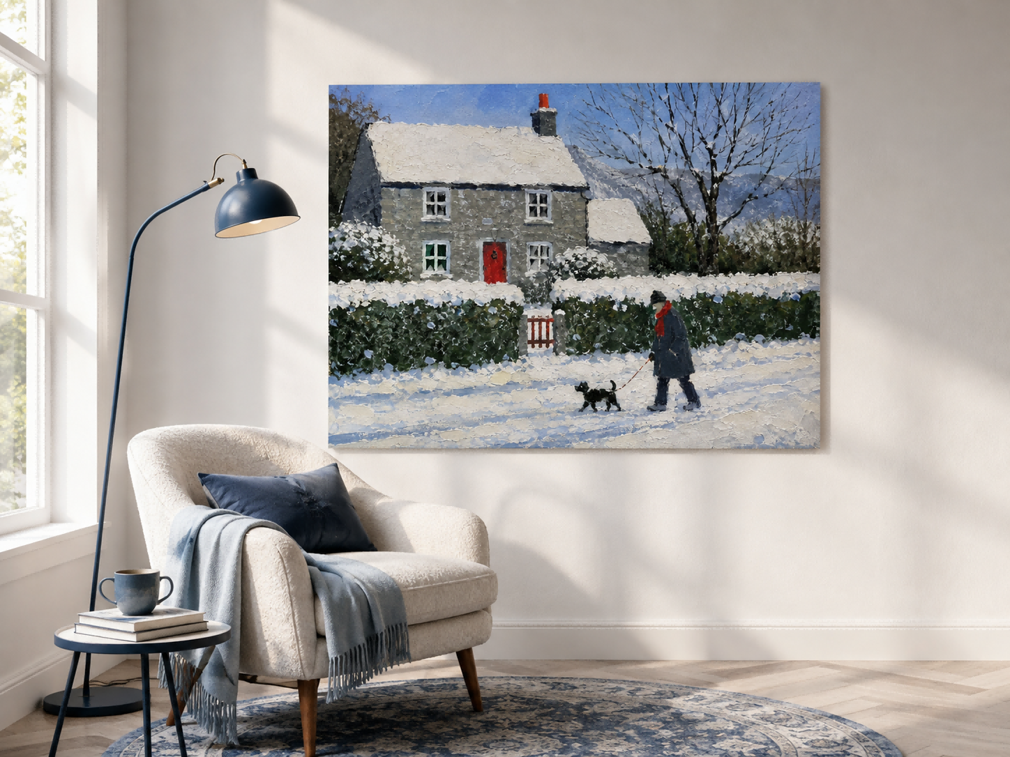 Traditional Realist Snowy Village Painting With Textured Brushwork On Canvas