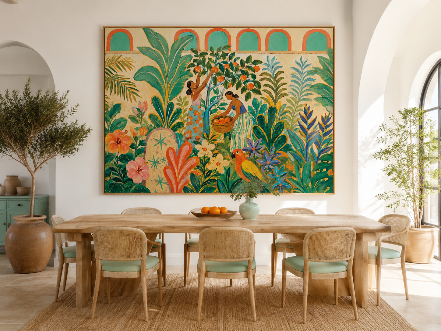 Fantasy Landscape Oil Painting In Art Deco Style Featuring Fruit Picking And Exotic Birds On Canvas