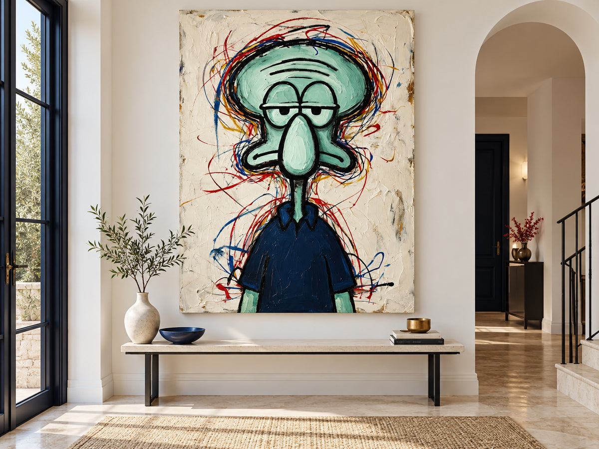 Hand-Painted Squidward Portrait With Colorful Graffiti Lines On Canvas