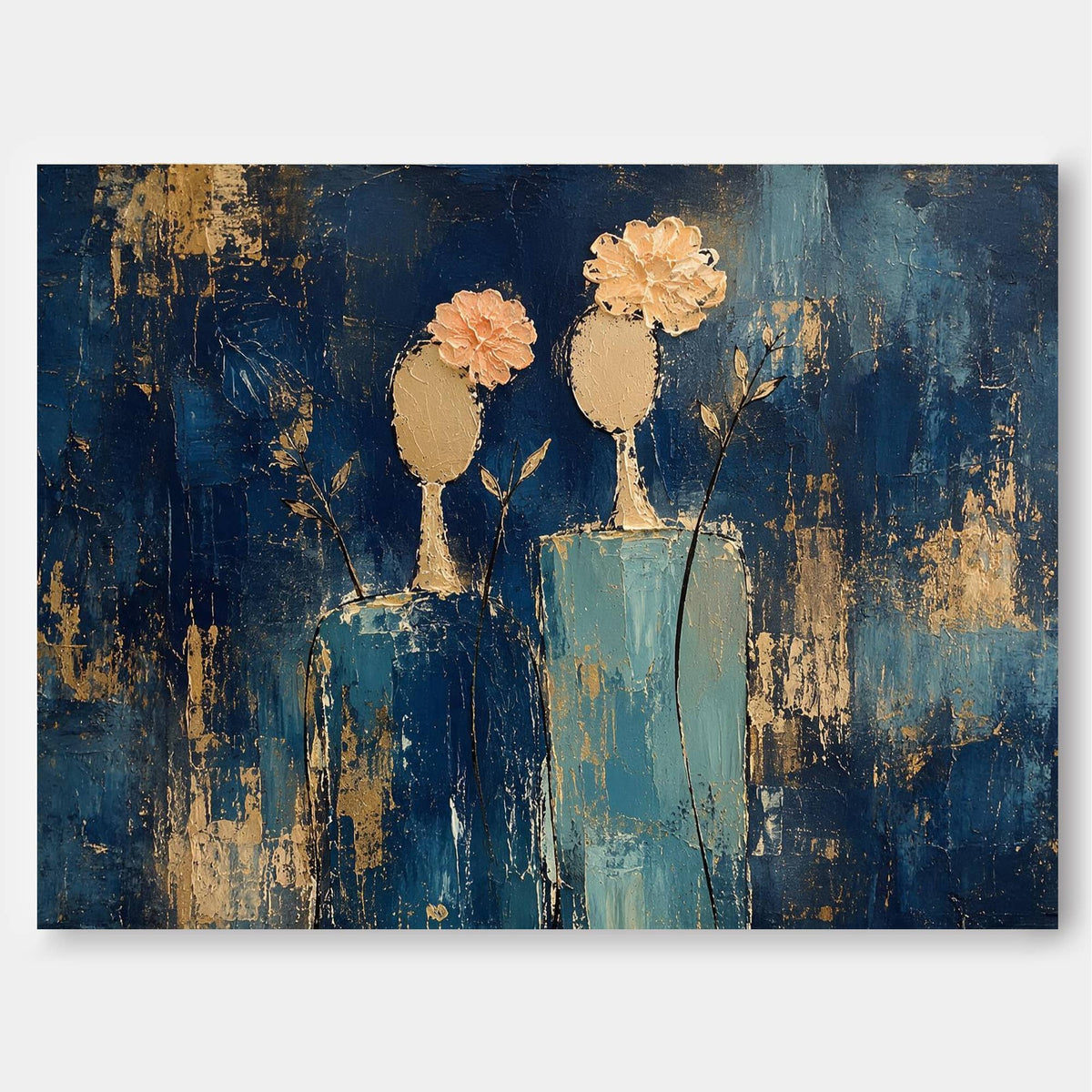 Abstract Floral Woman Canvas Painting Blue Gold Hand-Painted Modern Wall Art
