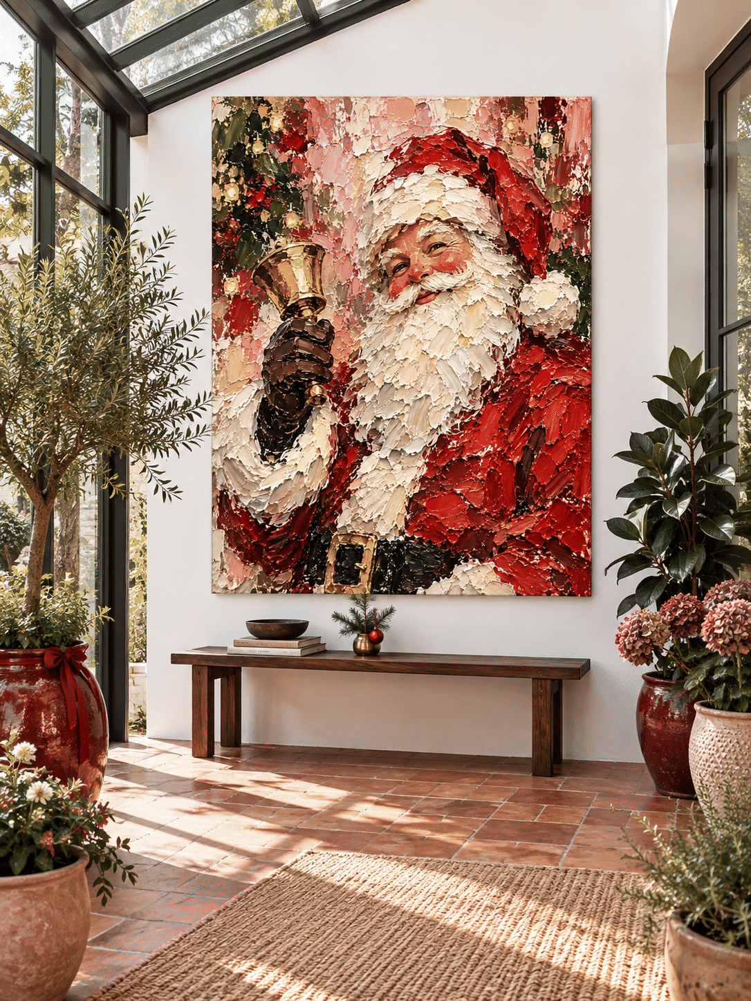 Vintage Textured Santa Art Modern Holiday Oil Painting