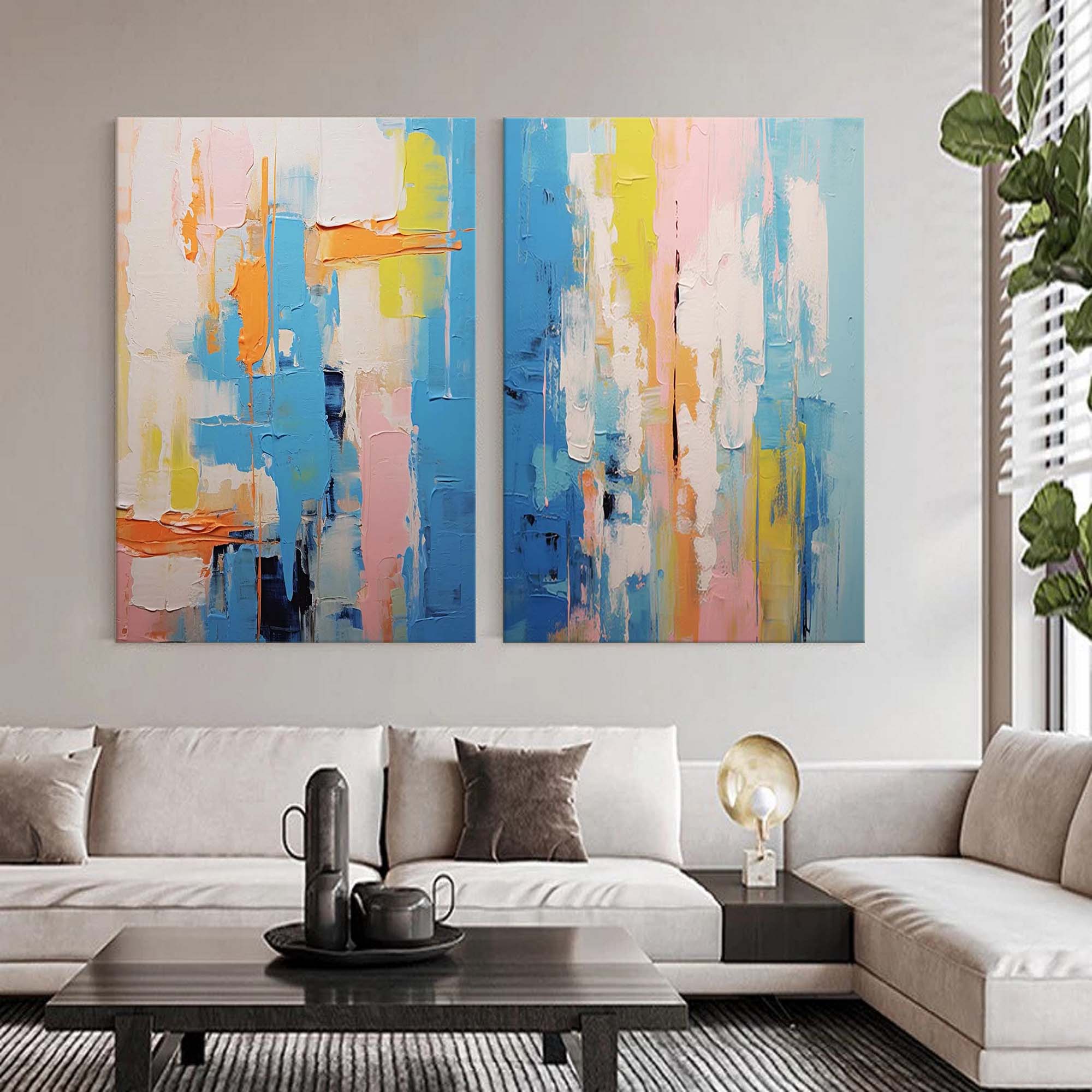 Set of 2 Color Large Abstract Oil Painting Modern Wall Art Original Texture Oil Painting Living Room Decor