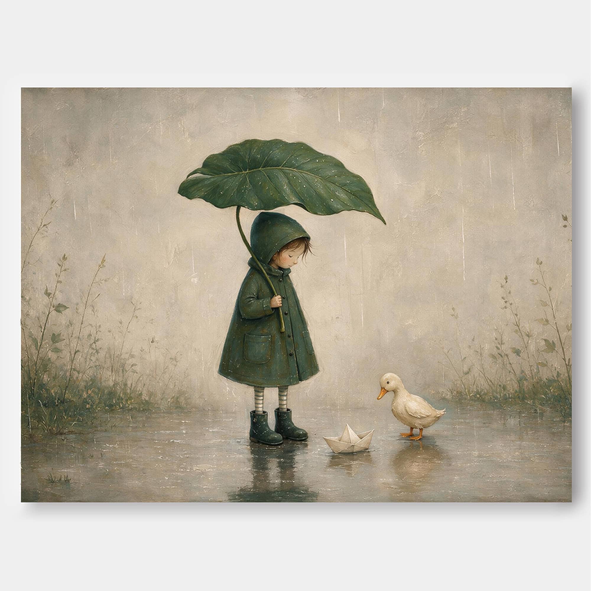 Vintage Style Rain Scene Painting With Paper Boat And Duckling For Wall Decor