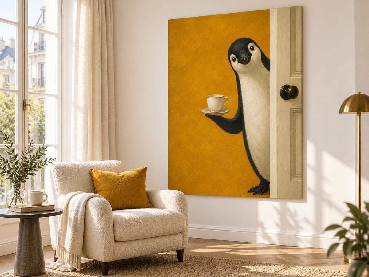 Hand-Painted Penguin With Tea Cup Modern Animal Canvas Art