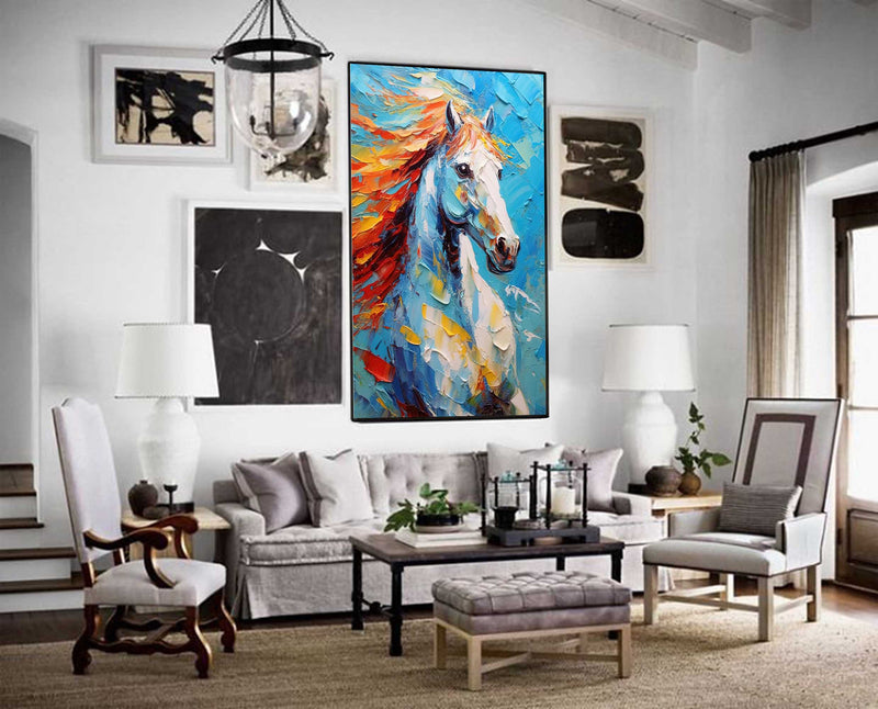 Modern Blue Background Animal Oil Painting Vibrant White Horse Oil Painting Impressionist Horse Wall Art Home Decor
