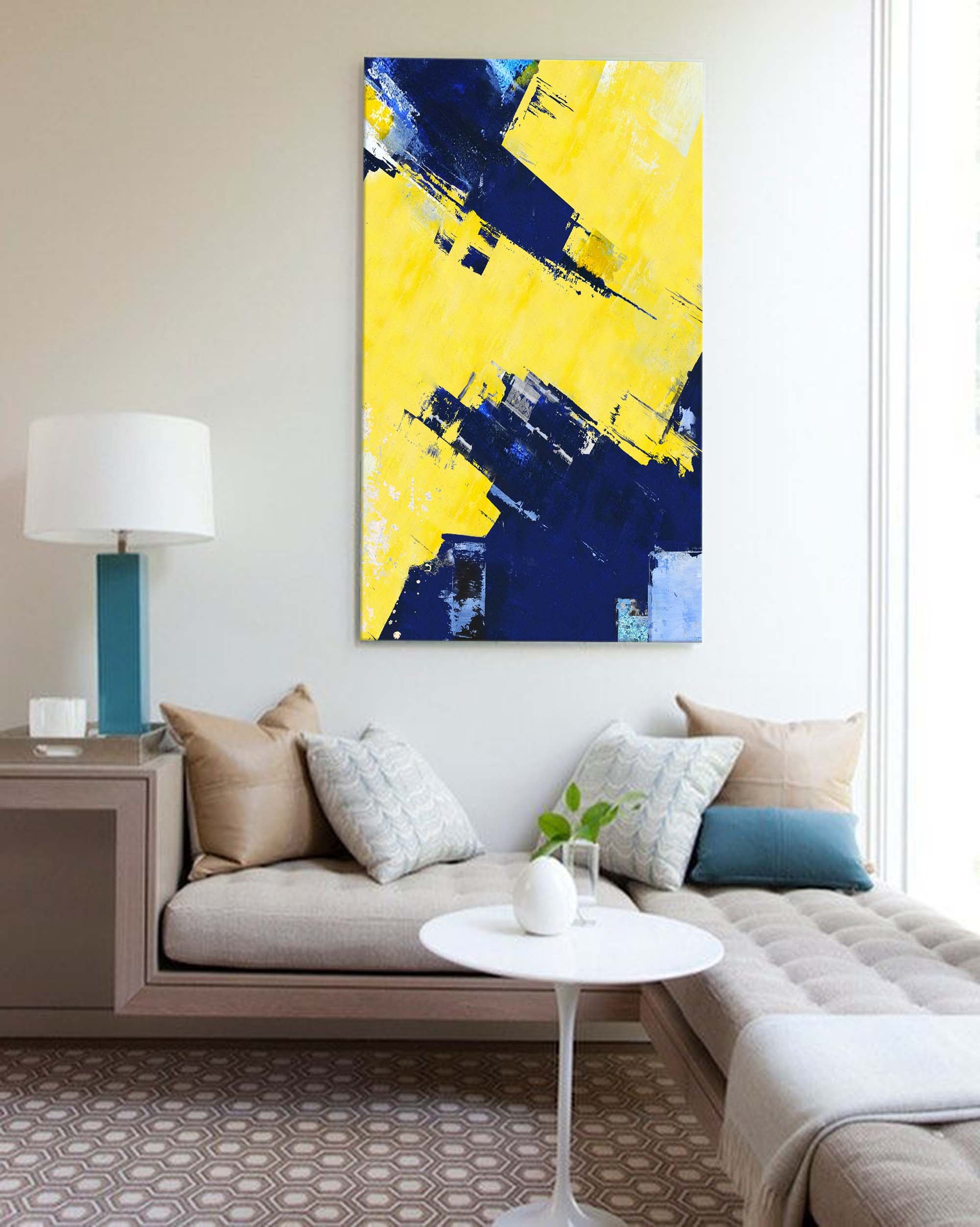 Blue And Yellow Abstract Textured Canvas Oil Painting Modern Acrylic Painting Original Wall Art Home Decor