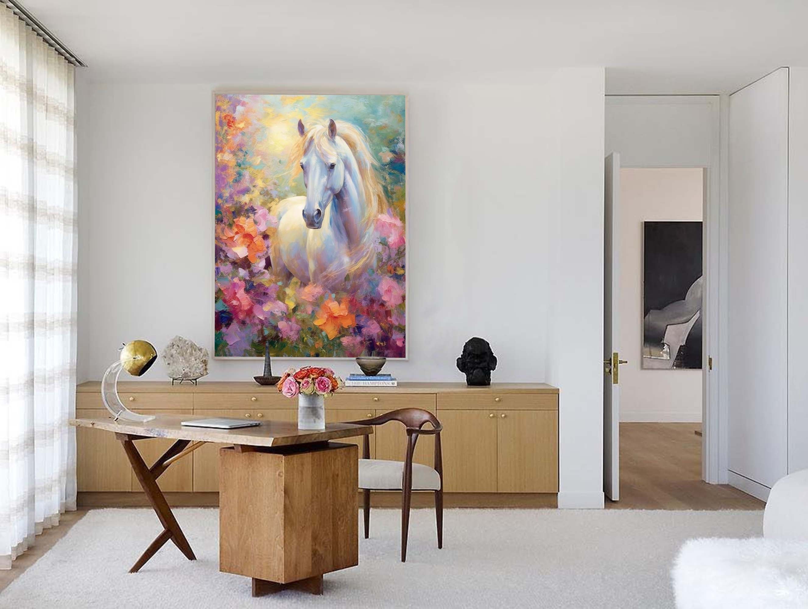 Bright Colorful Horse Oil Painting On Canvas Impressionist White Horse Wall Art Modern Animal Oil Painting Home Decor