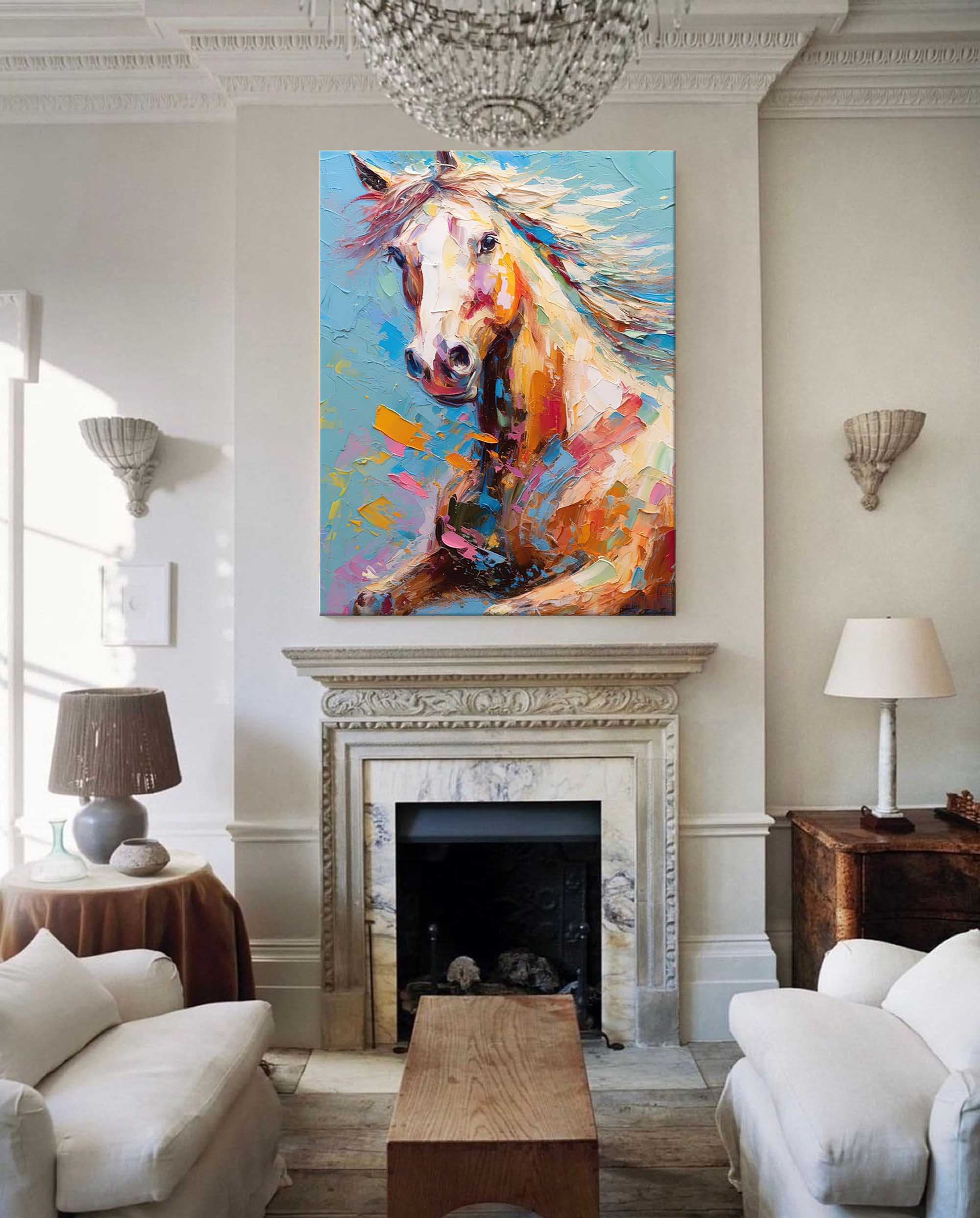 Vibrant Color Horse Oil Painting Modern Blue Background Animal Oil Painting Impressionist Horse Wall Art Living Room Decor