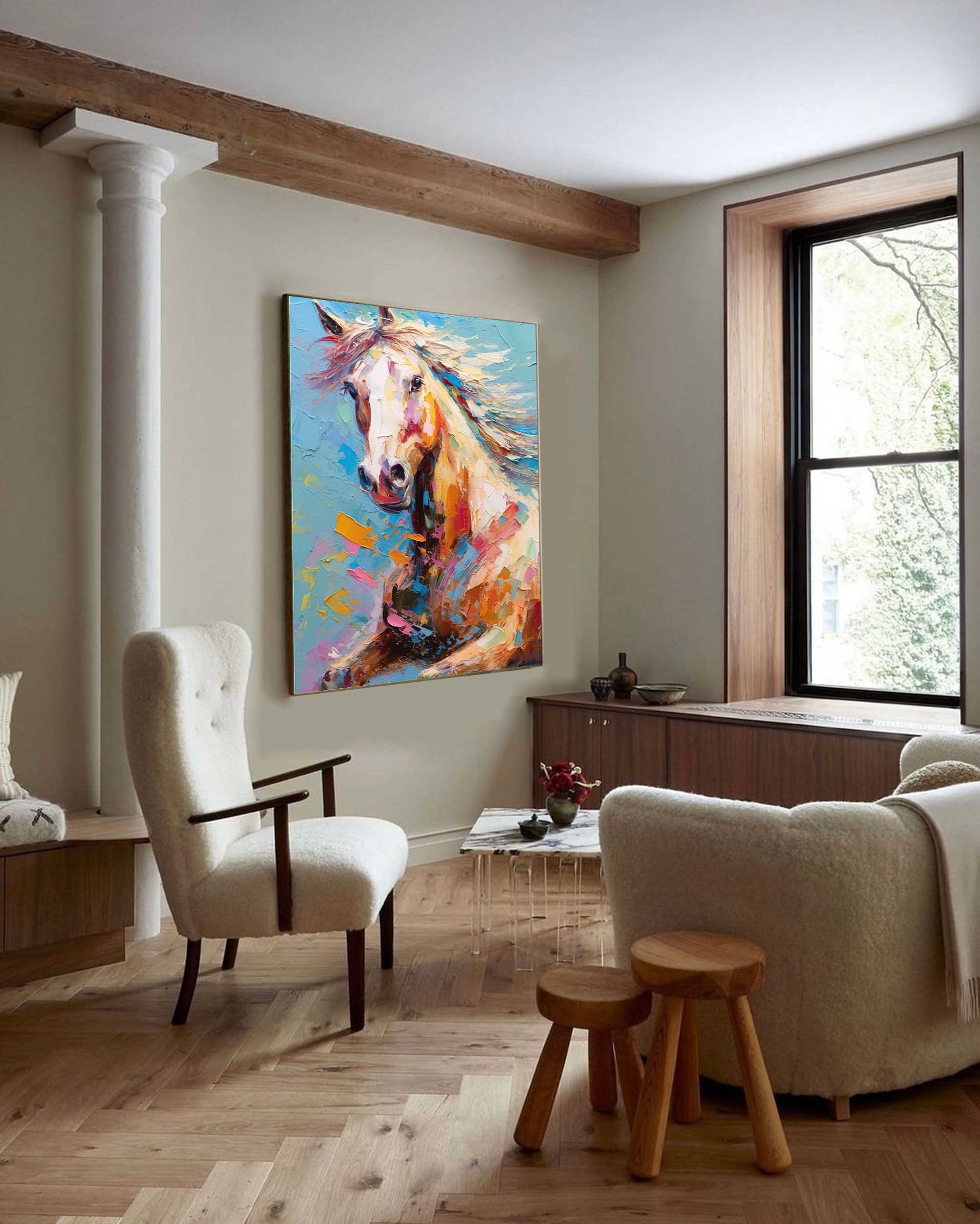 Vibrant Color Horse Oil Painting Modern Blue Background Animal Oil Painting Impressionist Horse Wall Art Living Room Decor