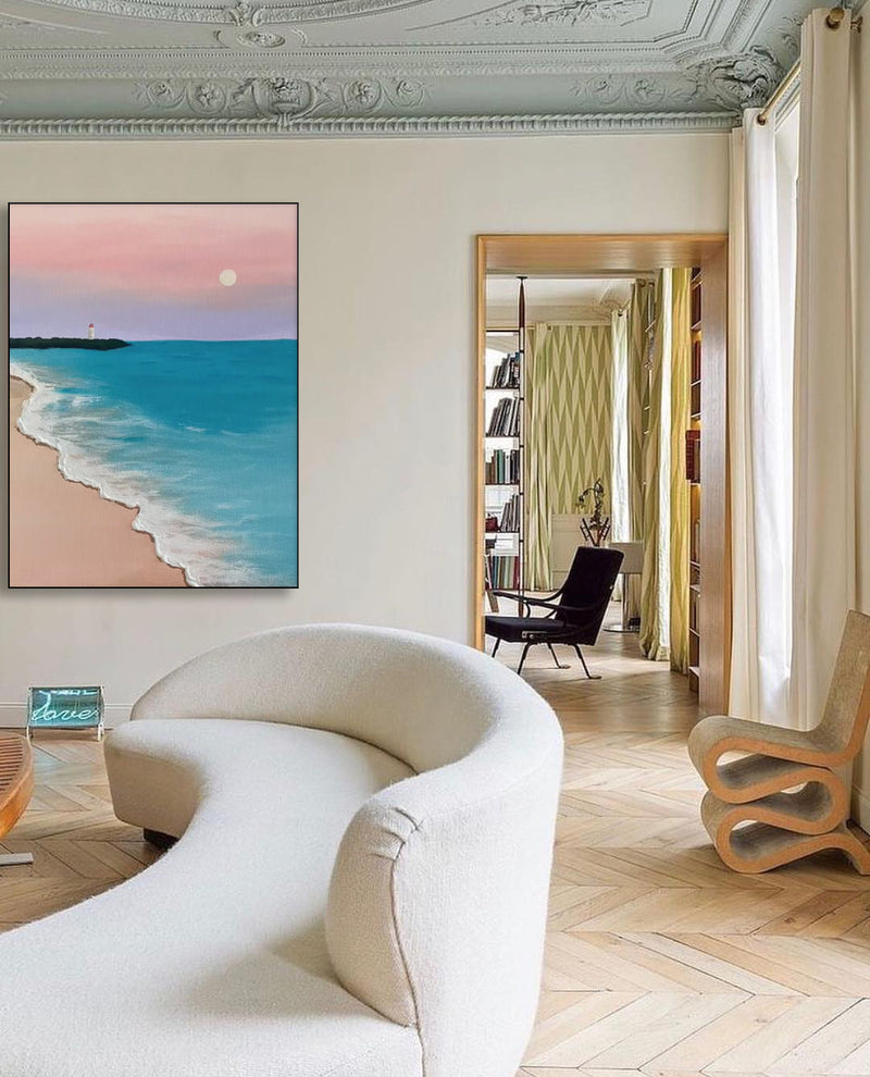 Blue And Pink Texture Ocean Abstract Oil Painting Large Ocean Original Painting On Canvas Modern Wall Art Living Room Decor