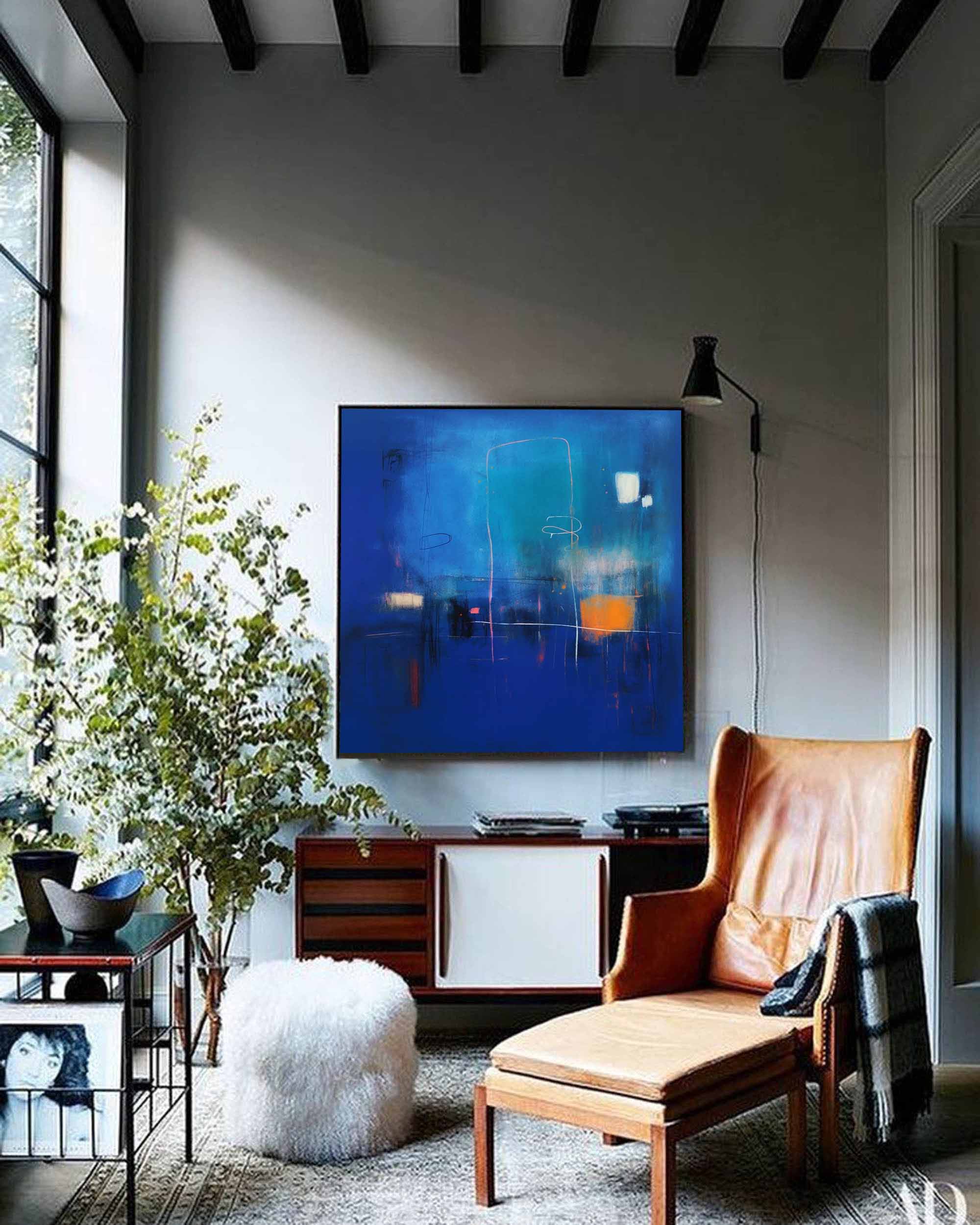 Blue Modern Original Wall Art Large Square Acrylic Painting Colorful Abstract Oil Painting For Living Room