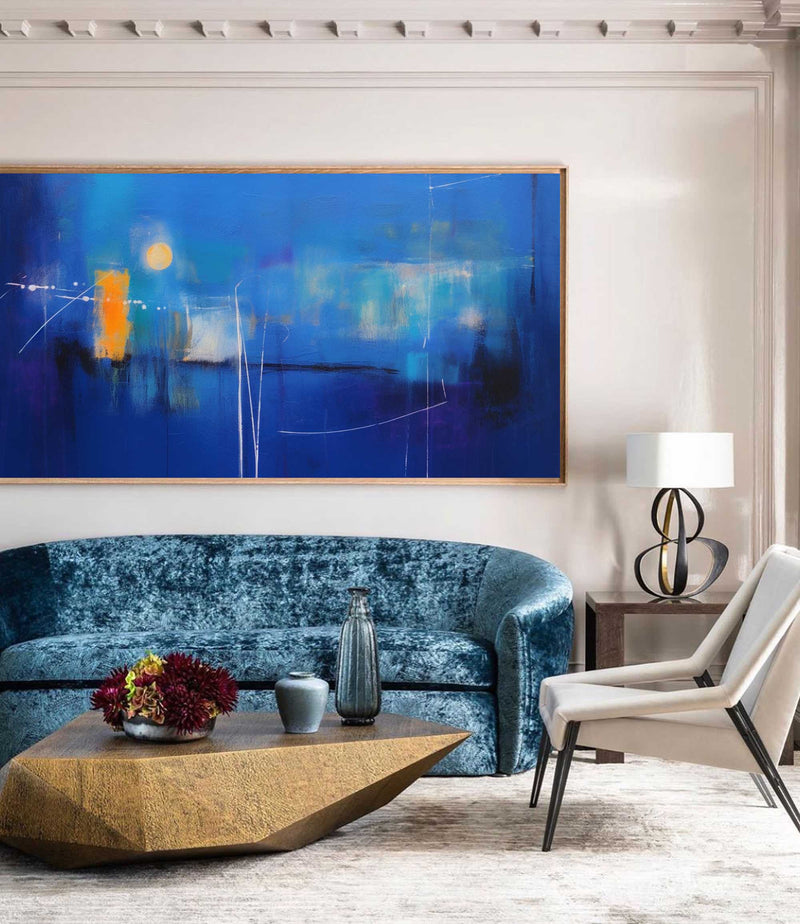 Original Oil Painting On Canvas Large Bright Blue Acrylic Painting Modern Abstract Living Room Wall Art