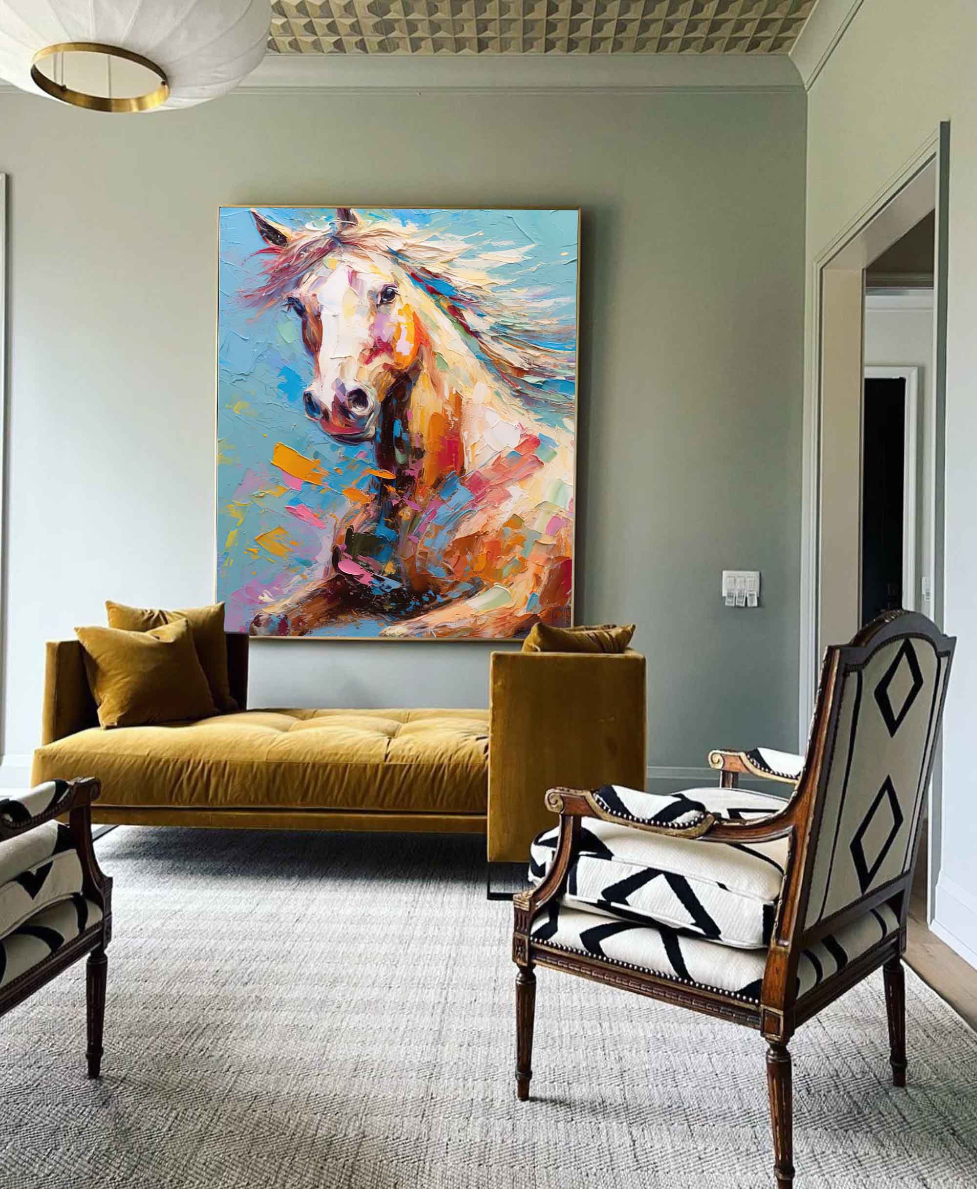 Vibrant Color Horse Oil Painting Modern Blue Background Animal Oil Painting Impressionist Horse Wall Art Living Room Decor