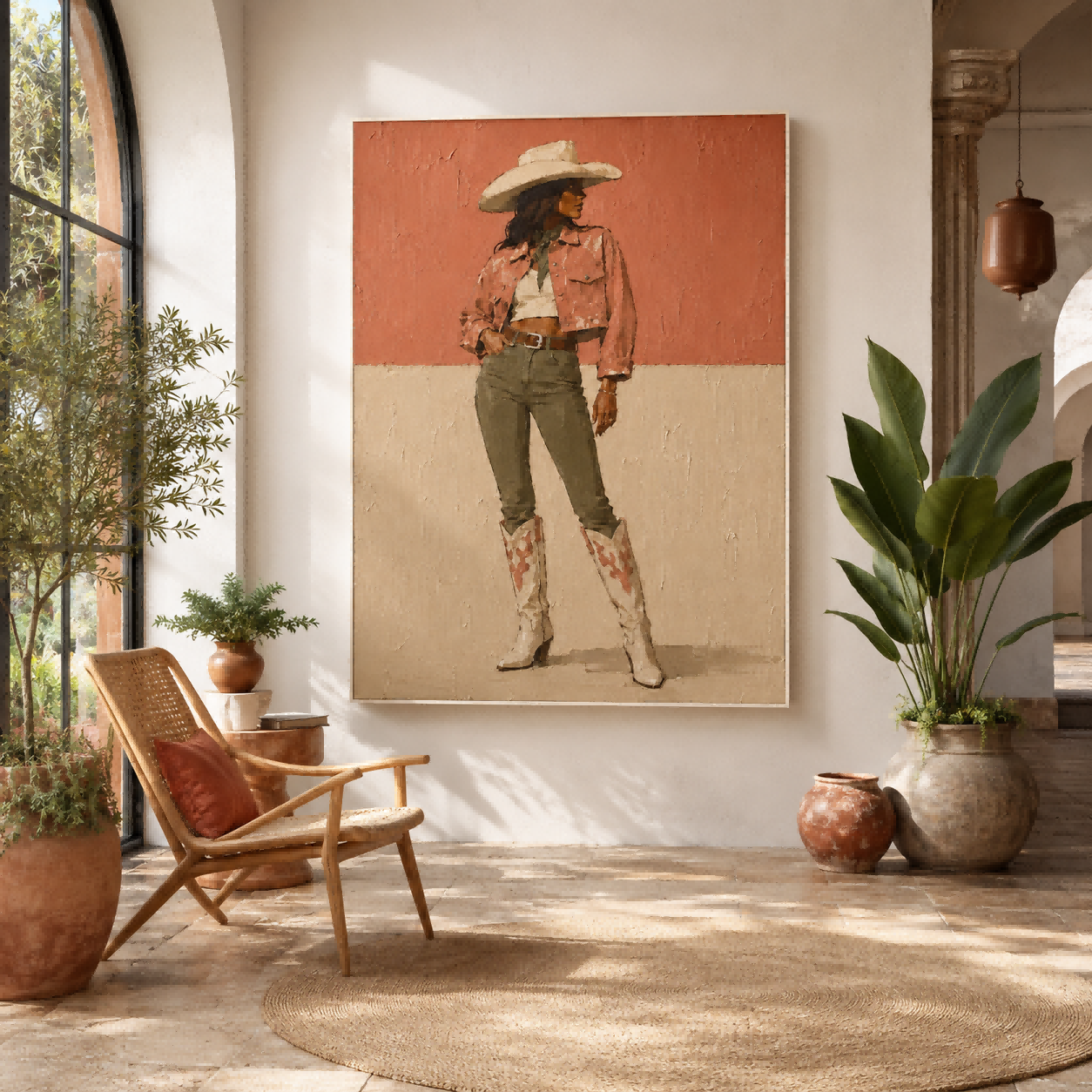 Original Illustrative Female Figure Painting In Retro Style On Linen Canvas
