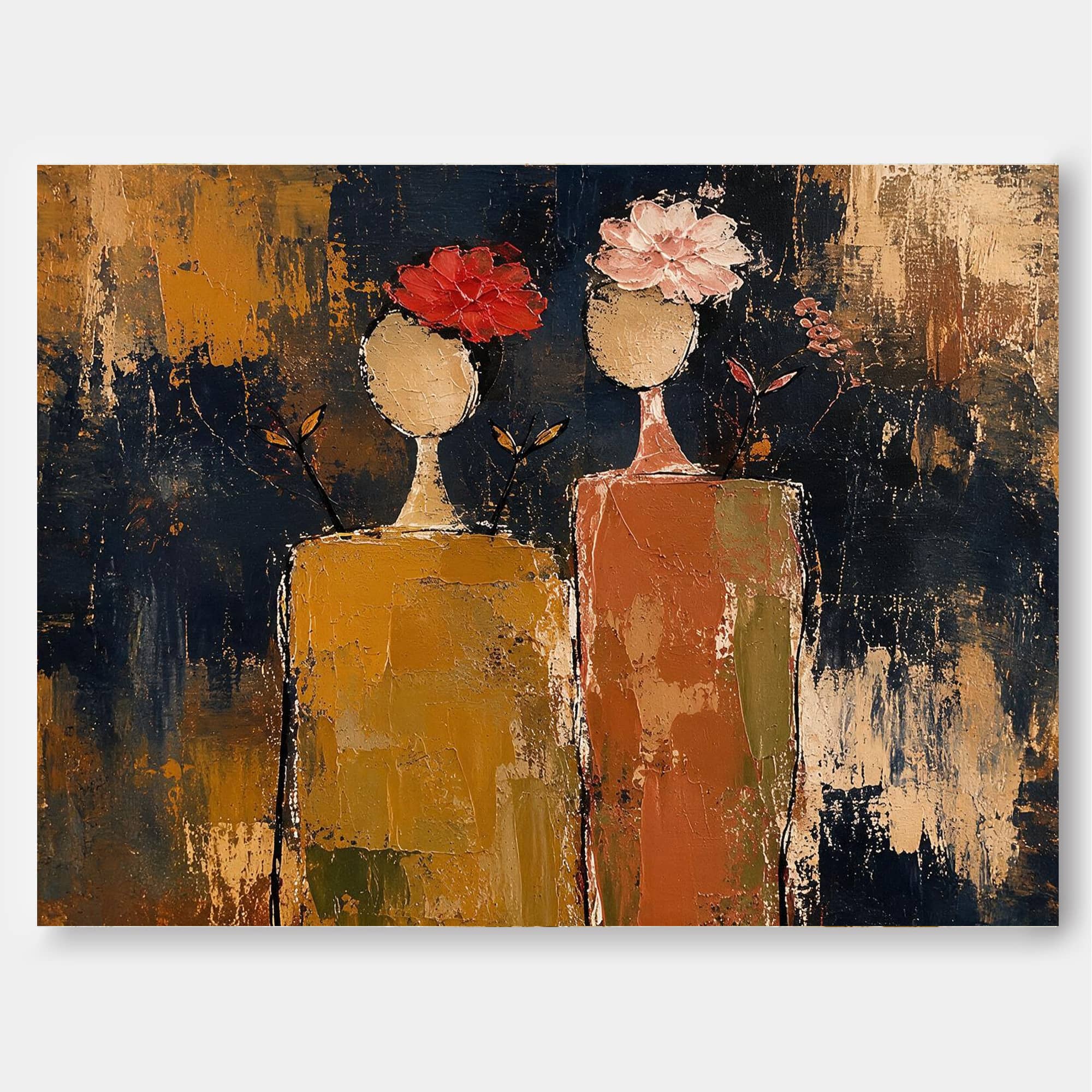 Vintage Modern Abstract Art Canvas Textured Painting With Pink And Red Flowers