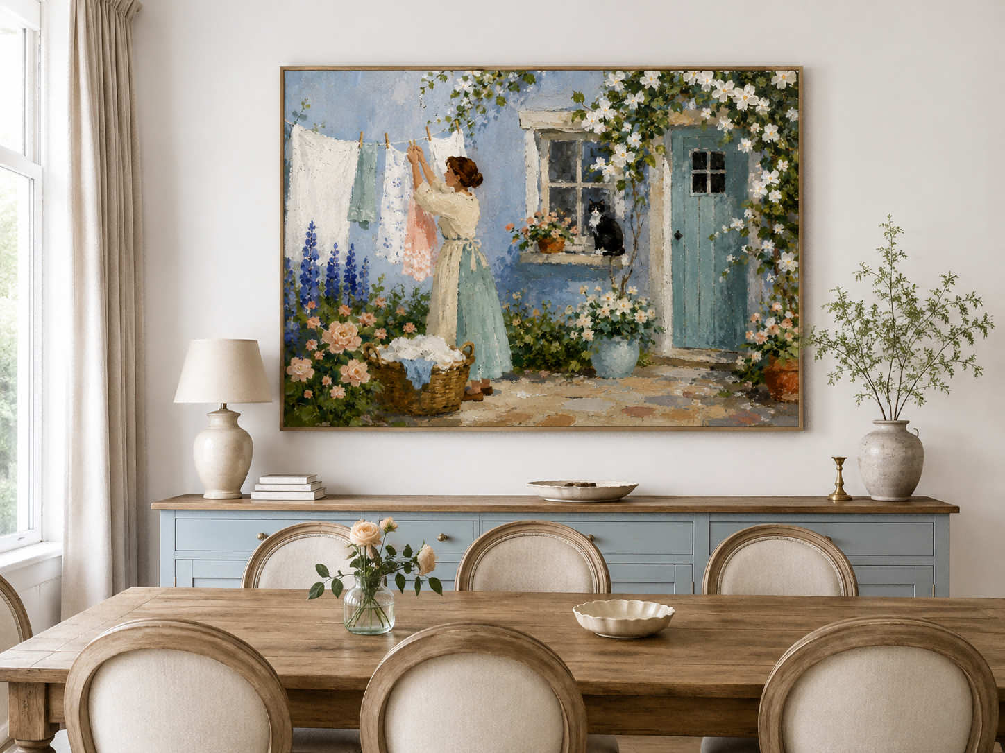 Woman Hanging Laundry With Cat In Blue Cottage Garden Hand-Painted Canvas Art