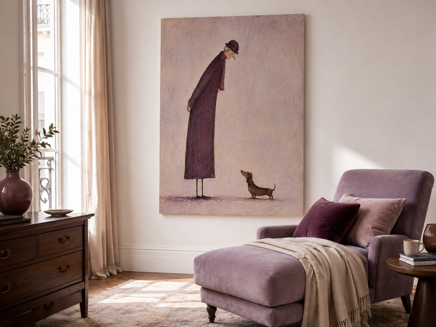 Emotional Pet Portrait Art Featuring Dachshund And Owner In Purple