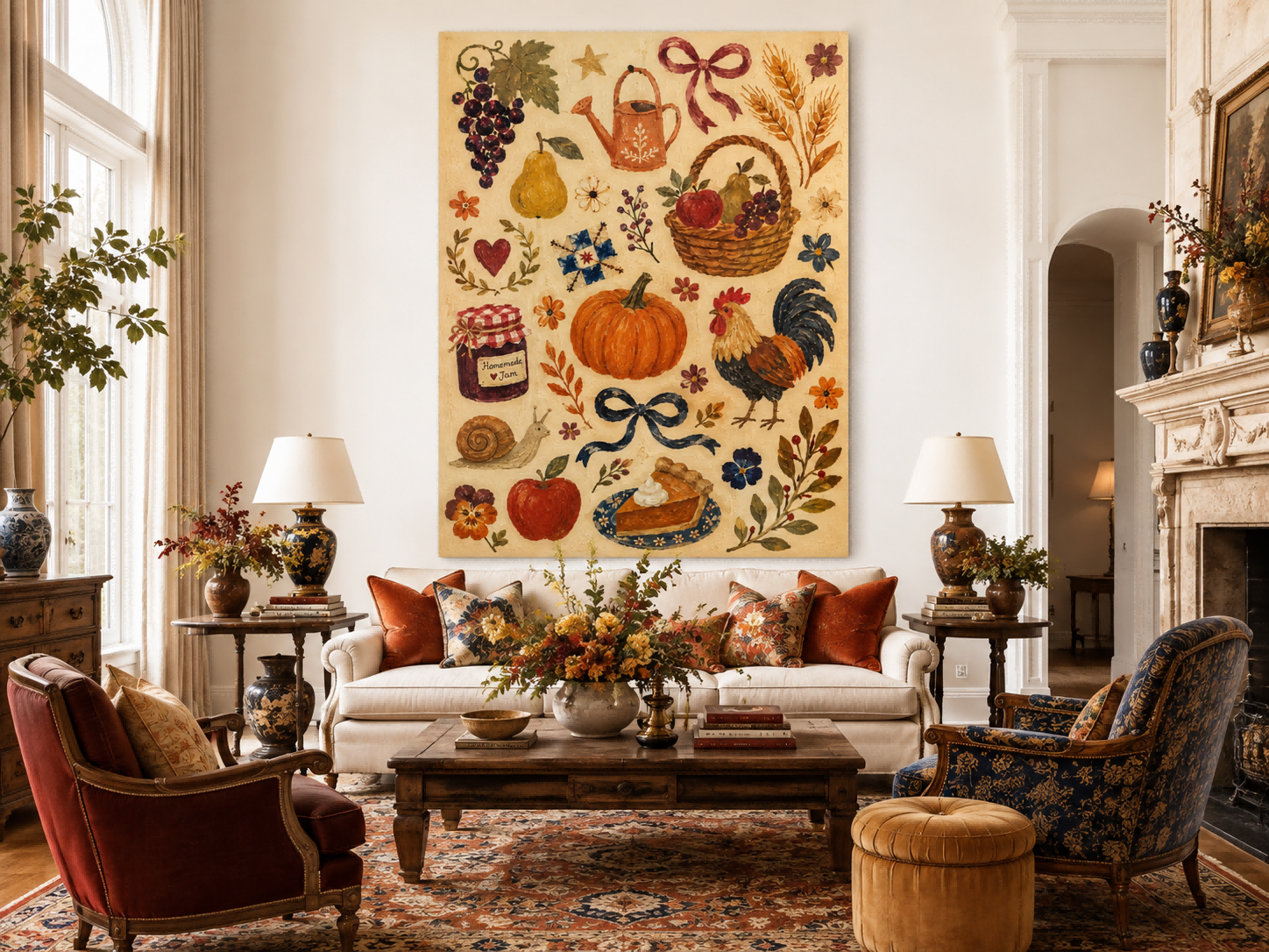 American Country Style Wall Art Vintage Collage Of Fruits And Flowers On Canvas