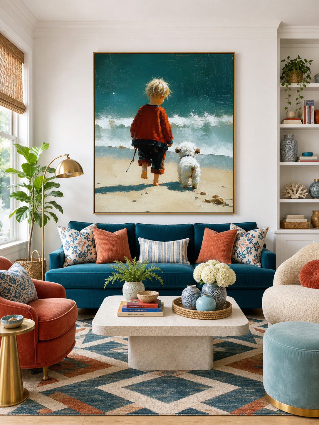 Impressionist Style Child And Dog Beach Painting Original Oil Art For Living Room Decor