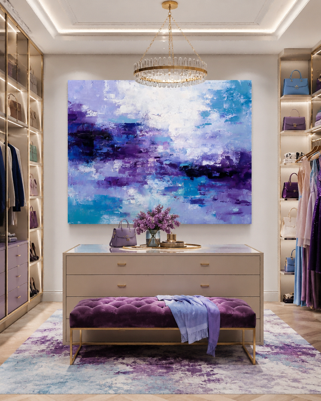 Horizontal Violet And Teal Oil Art For Lounge And Bedroom Calm Atmosphere Design