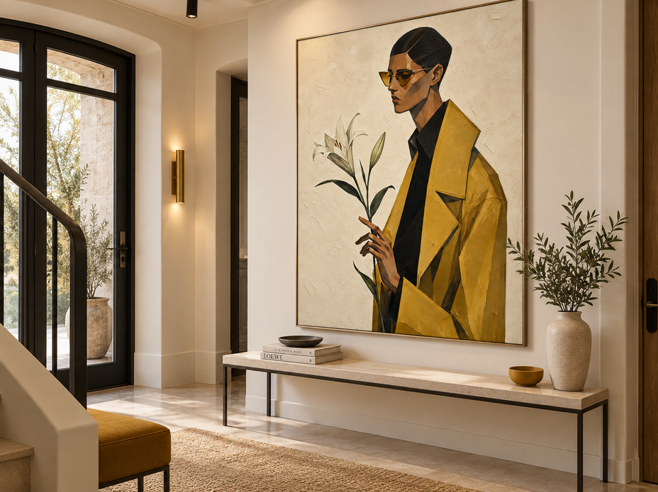 Vintage Geometric Minimalist Art Painting With Textured Finish And Gold Accents