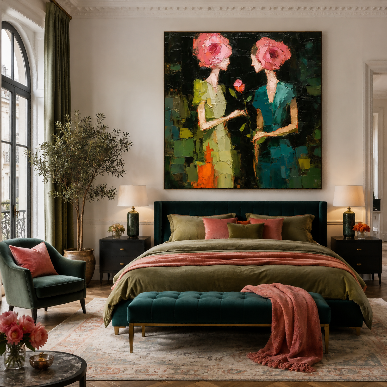 Vintage Style Oil Painting Of Two Women With Rose Heads For Living Room Wall Art Decor
