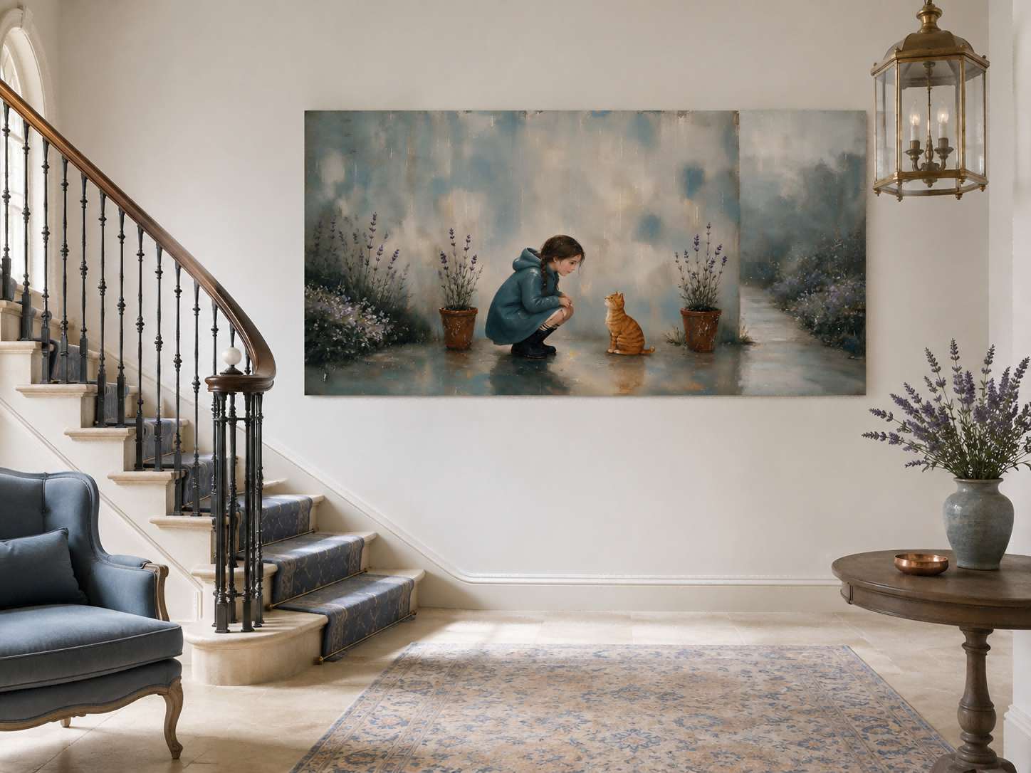 Serene Outdoor Path Artwork With Orange Cat And Purple Flowers For Lounge Decor