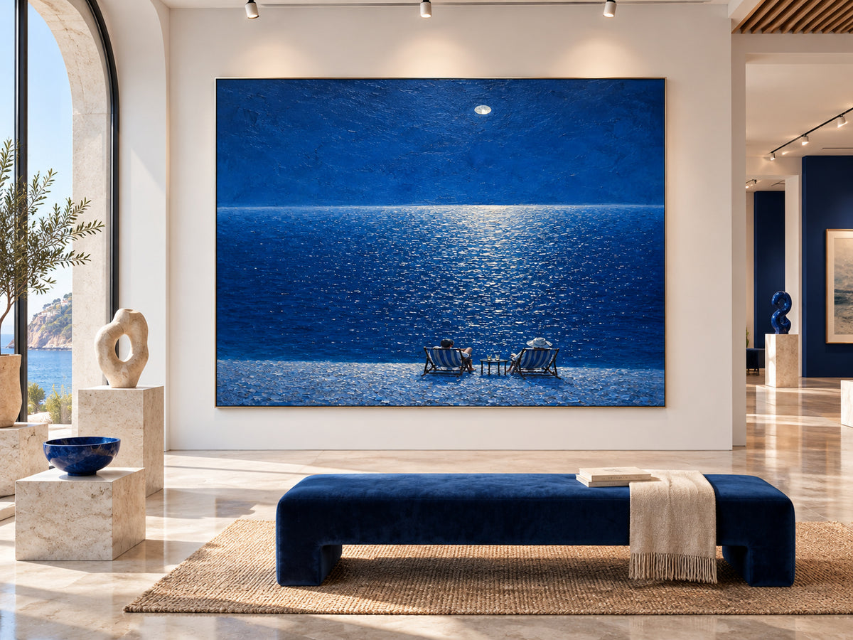 Moonlit Beach Couple Hand-Painted Canvas Art Deep Blue Sea