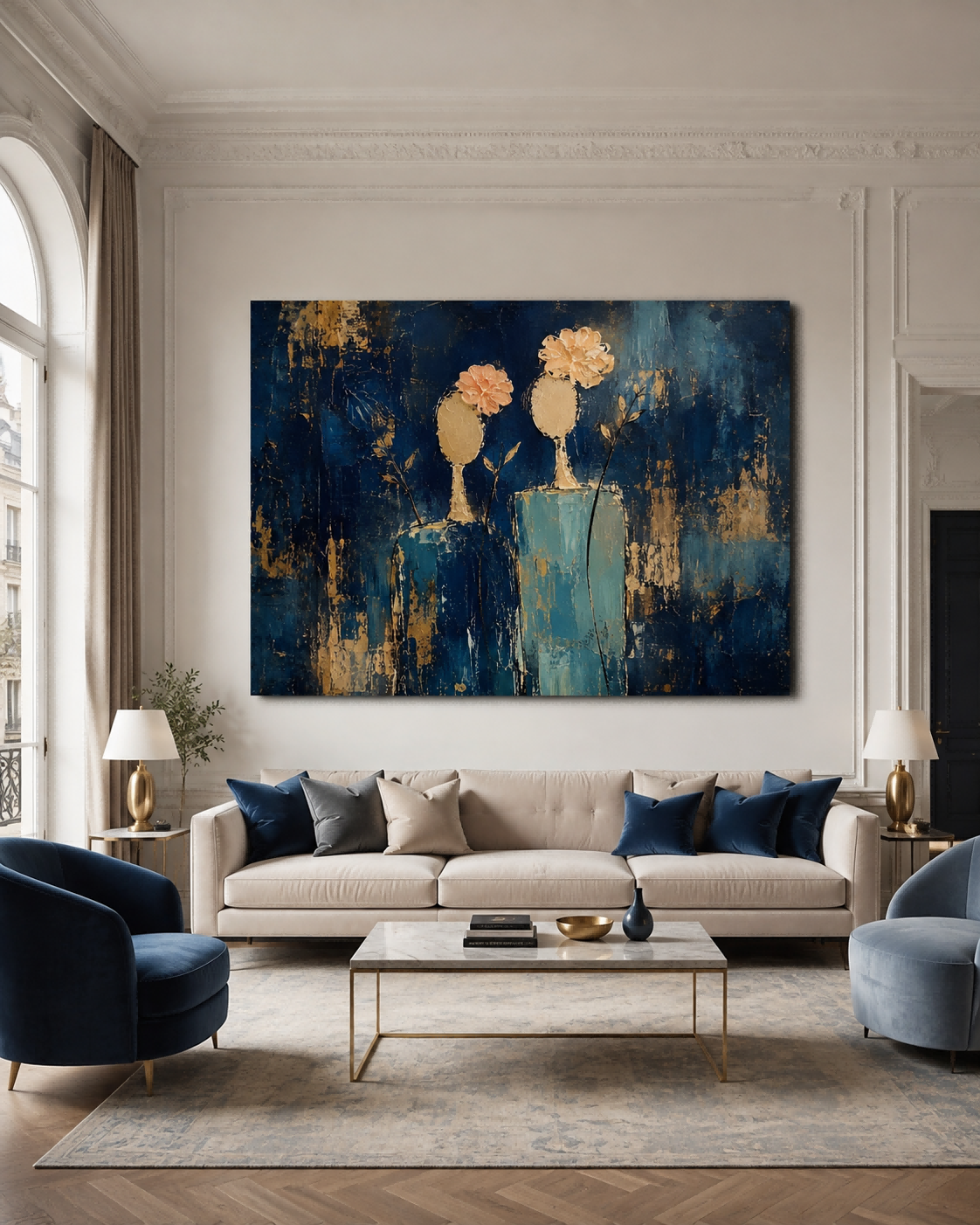 Abstract Floral Woman Canvas Painting Blue Gold Hand-Painted Modern Wall Art