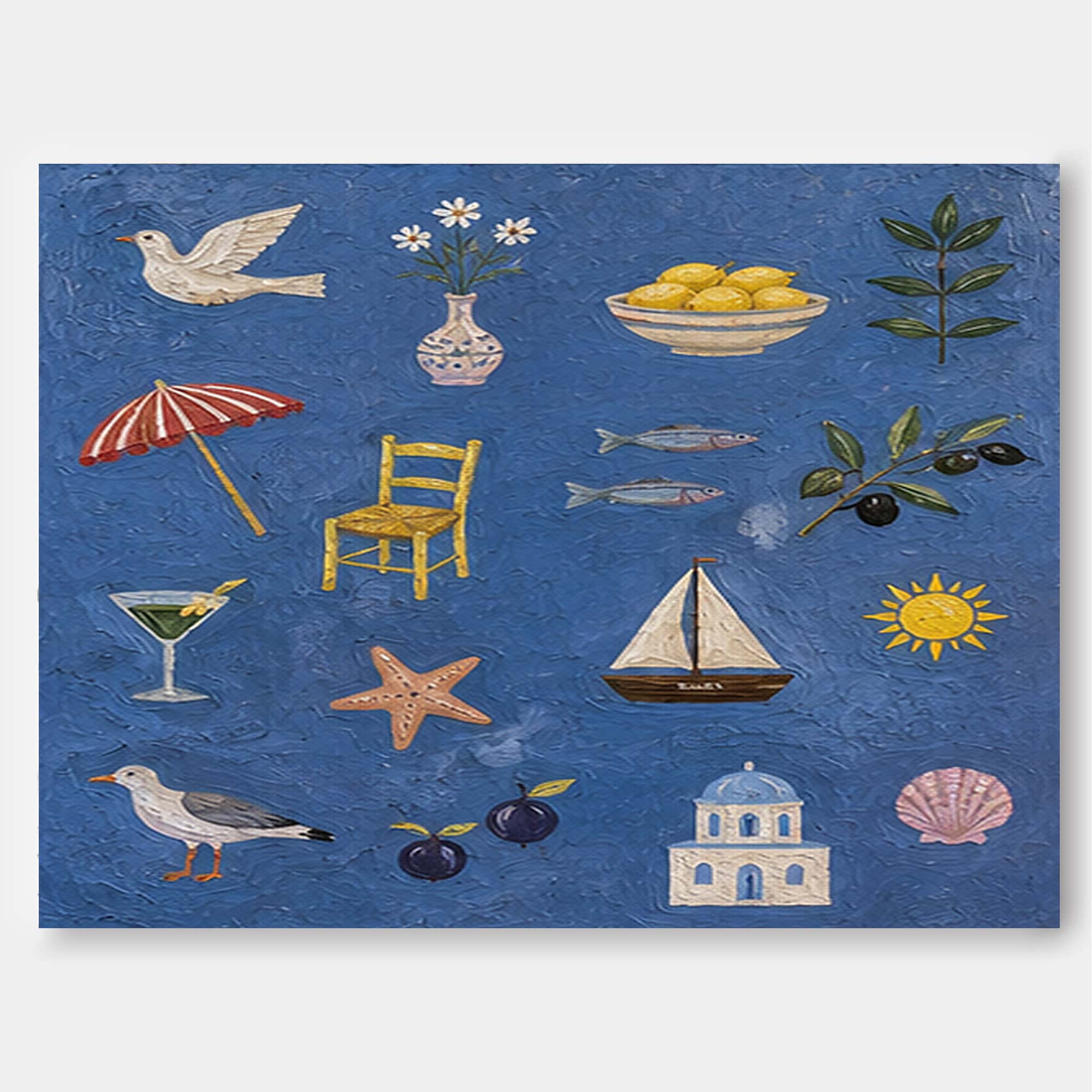 Mediterranean Folk Art Painting With Sea And Lemons For Coastal Home Decor
