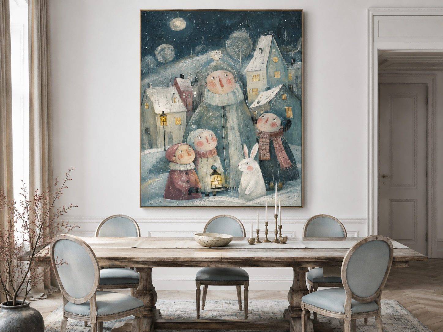 Whimsical Winter Family Scene Hand-Painted Canvas Art With Rabbit And Moon