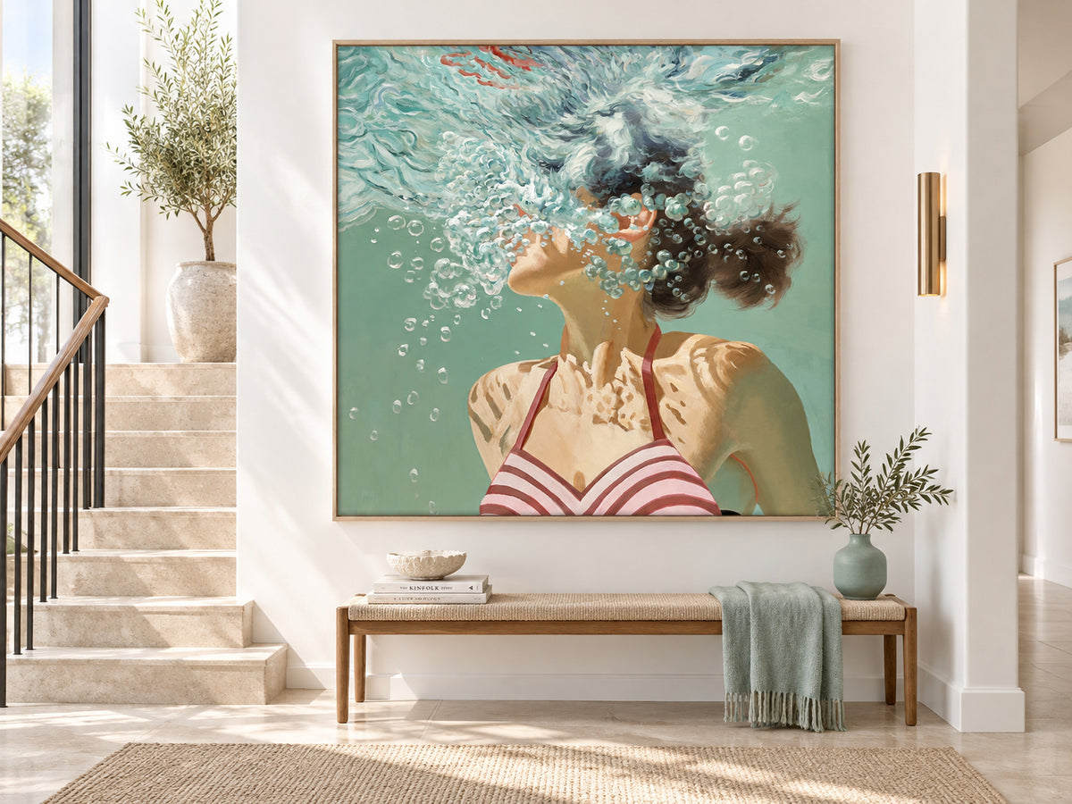 Underwater Swimmer Canvas Painting Hand-Painted Original Art With Bubbles