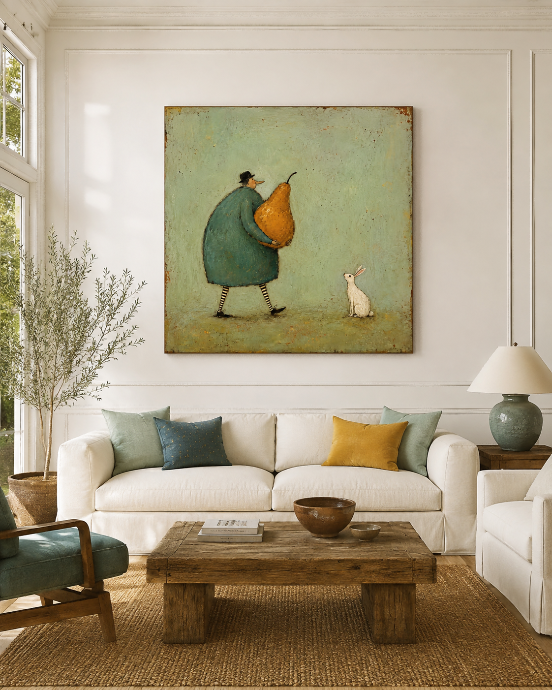 Whimsical Retro Illustration Original Canvas Painting Green Orange