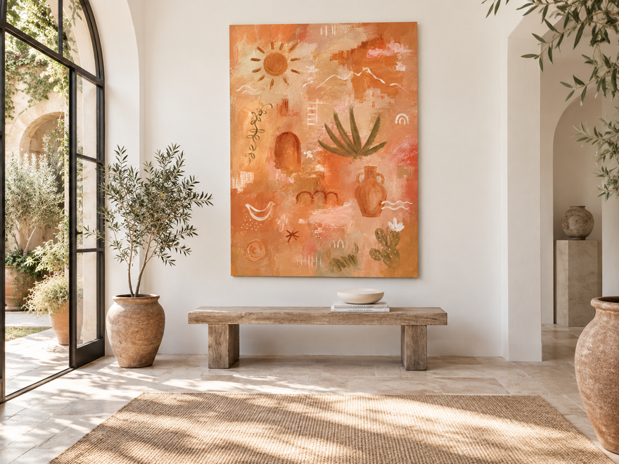 Modern Abstract Geometric Canvas Painting In Sandy Beige And Orange With Earthy Southwestern Aesthetic