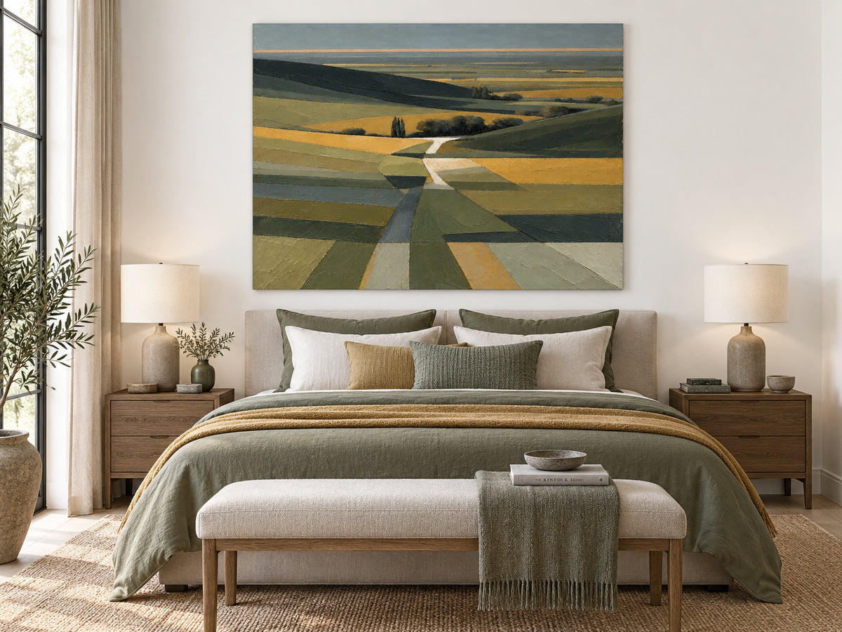 Minimalist Impressionist Oil Painting With Geometric Fields And Moody Sky