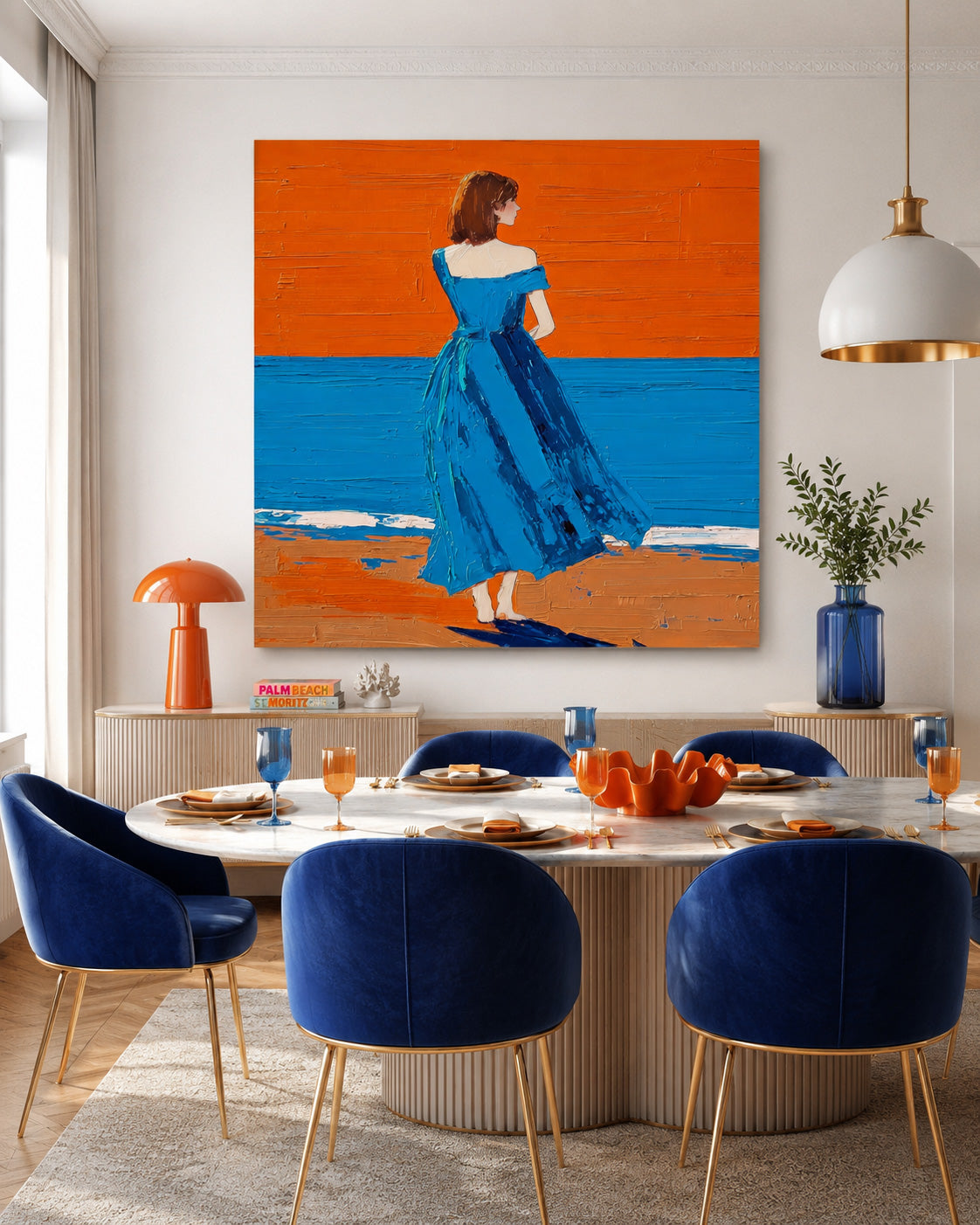 Expressive Figure Painting Solitary Woman At Sunset Beach For Living Room