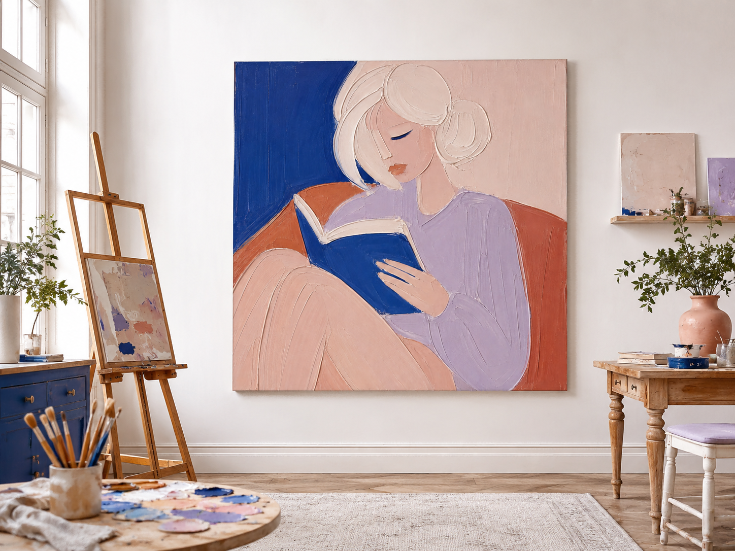 Modern Minimalist Abstract Art Painting Of Woman Reading In Blue And Purple Tones For Living Room Decor