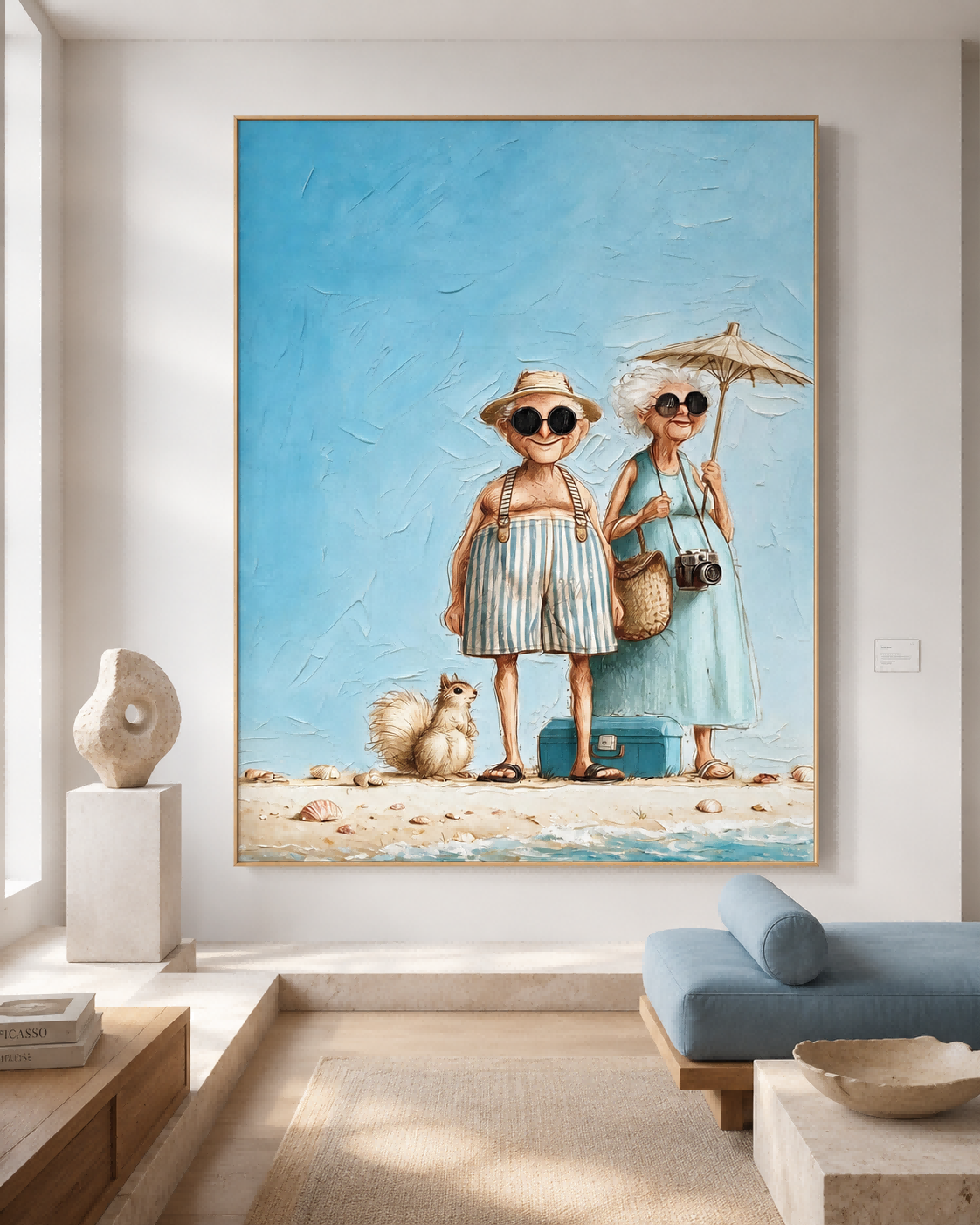 Whimsical Vintage Couple Beach Painting Textured Canvas Wall Art For Living Room Decor