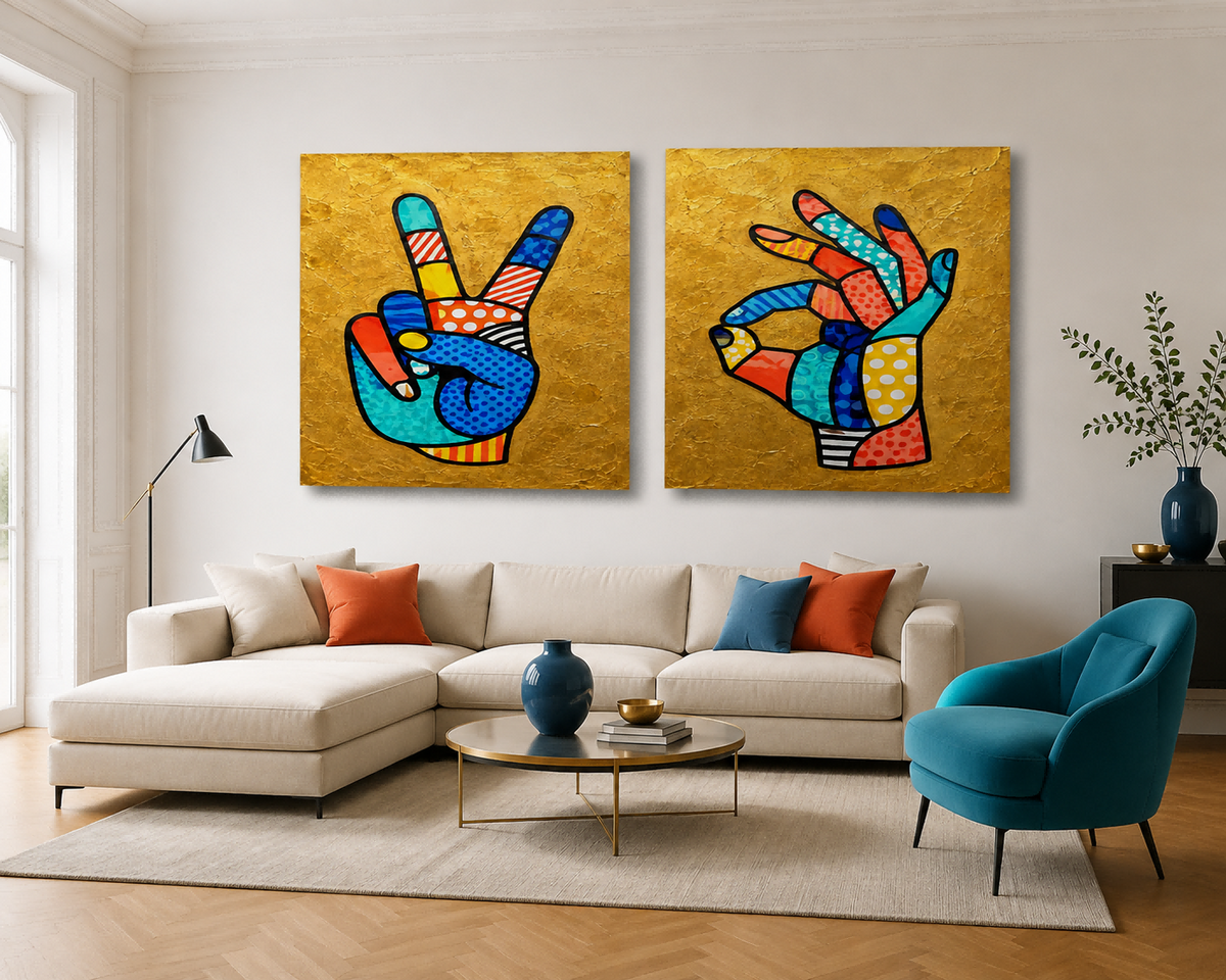 Pop Art Hand Gestures Canvas Painting Set With Gold Background