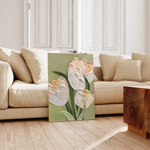 Modern Floral Oil Painting On Canvas Large Green Textured Floral Acrylic Painting Original Flower Wall Art Home Decor