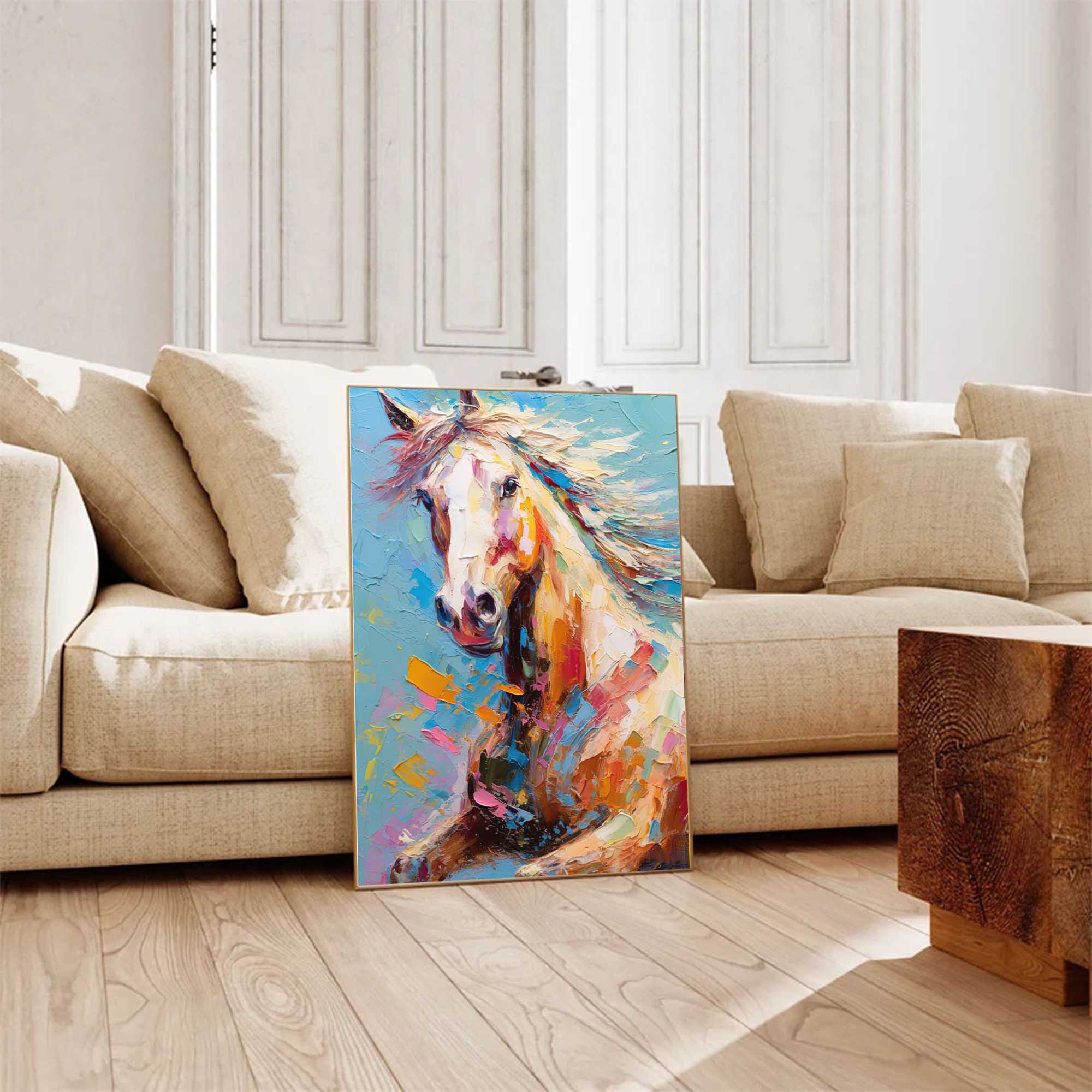 Vibrant Color Horse Oil Painting Modern Blue Background Animal Oil Painting Impressionist Horse Wall Art Living Room Decor