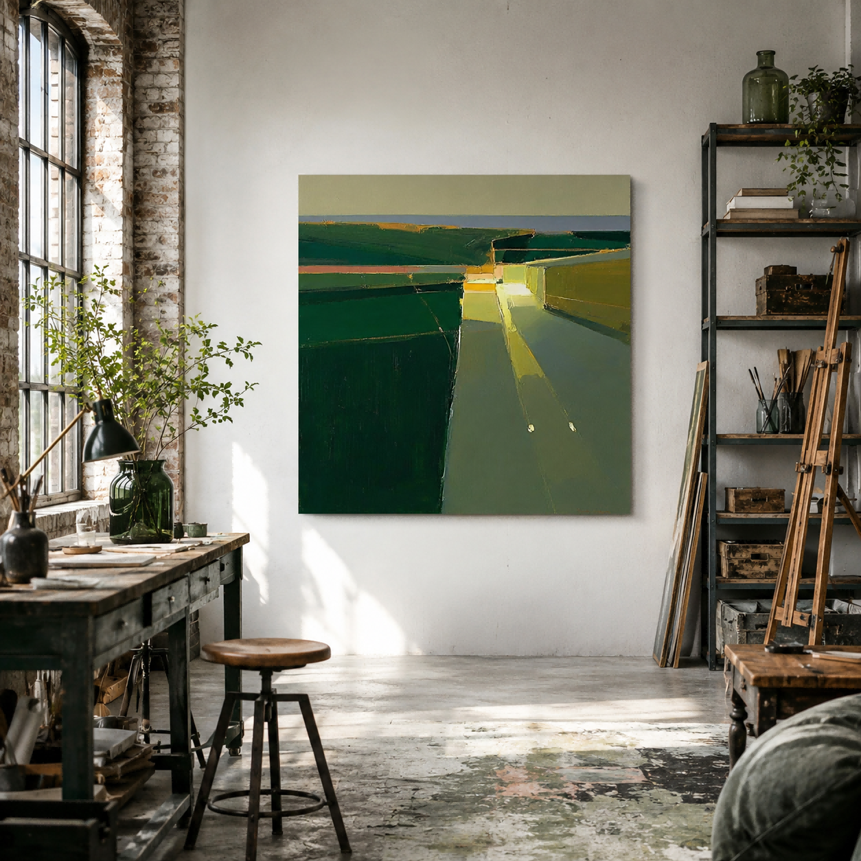 Modern Abstract Green And Yellow Square Oil Painting For Living Room Wall Art Decor