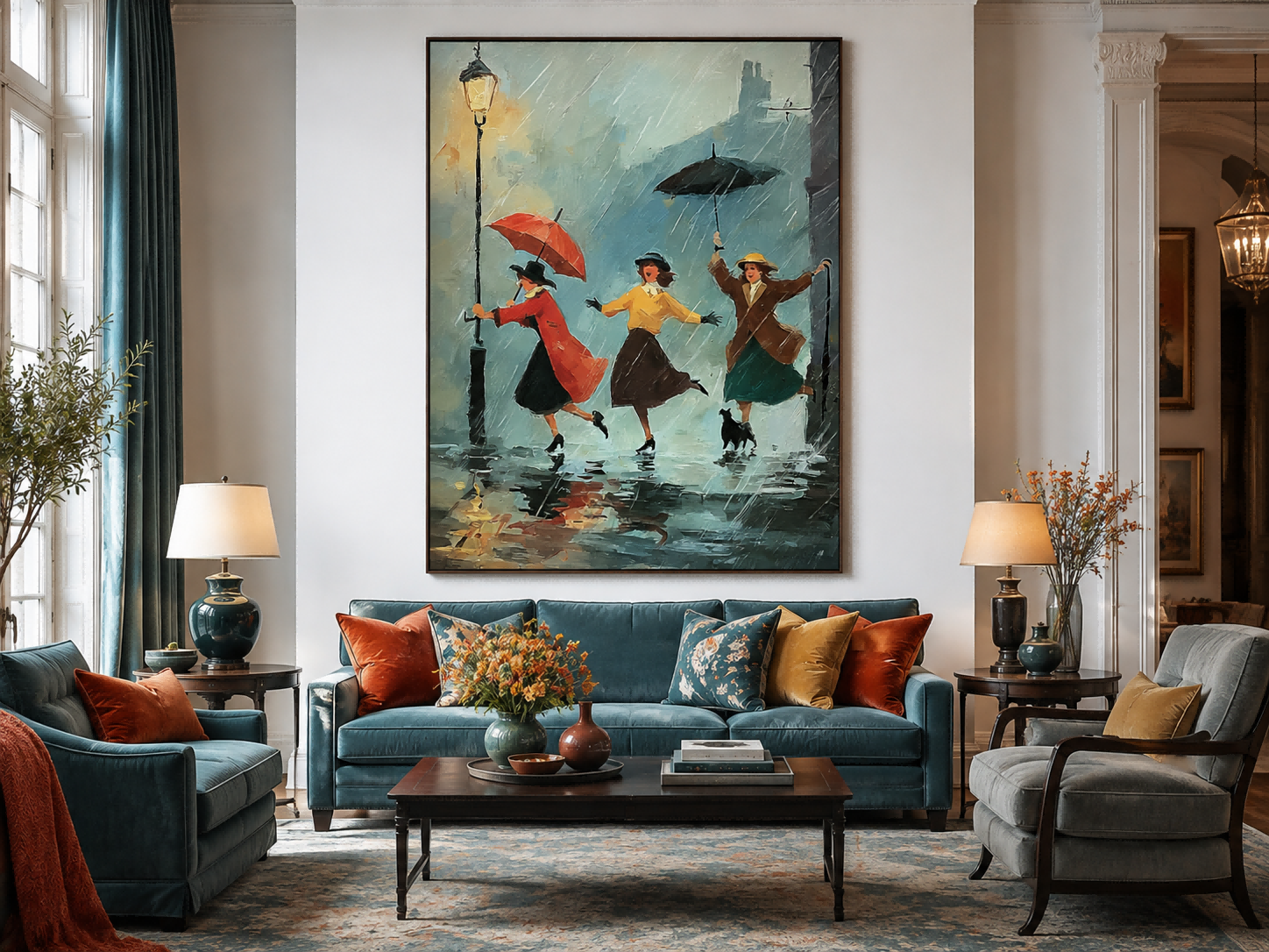 Impressionist Rainy Street Scene Painting With Three Women Under Umbrellas Vintage Wall Art