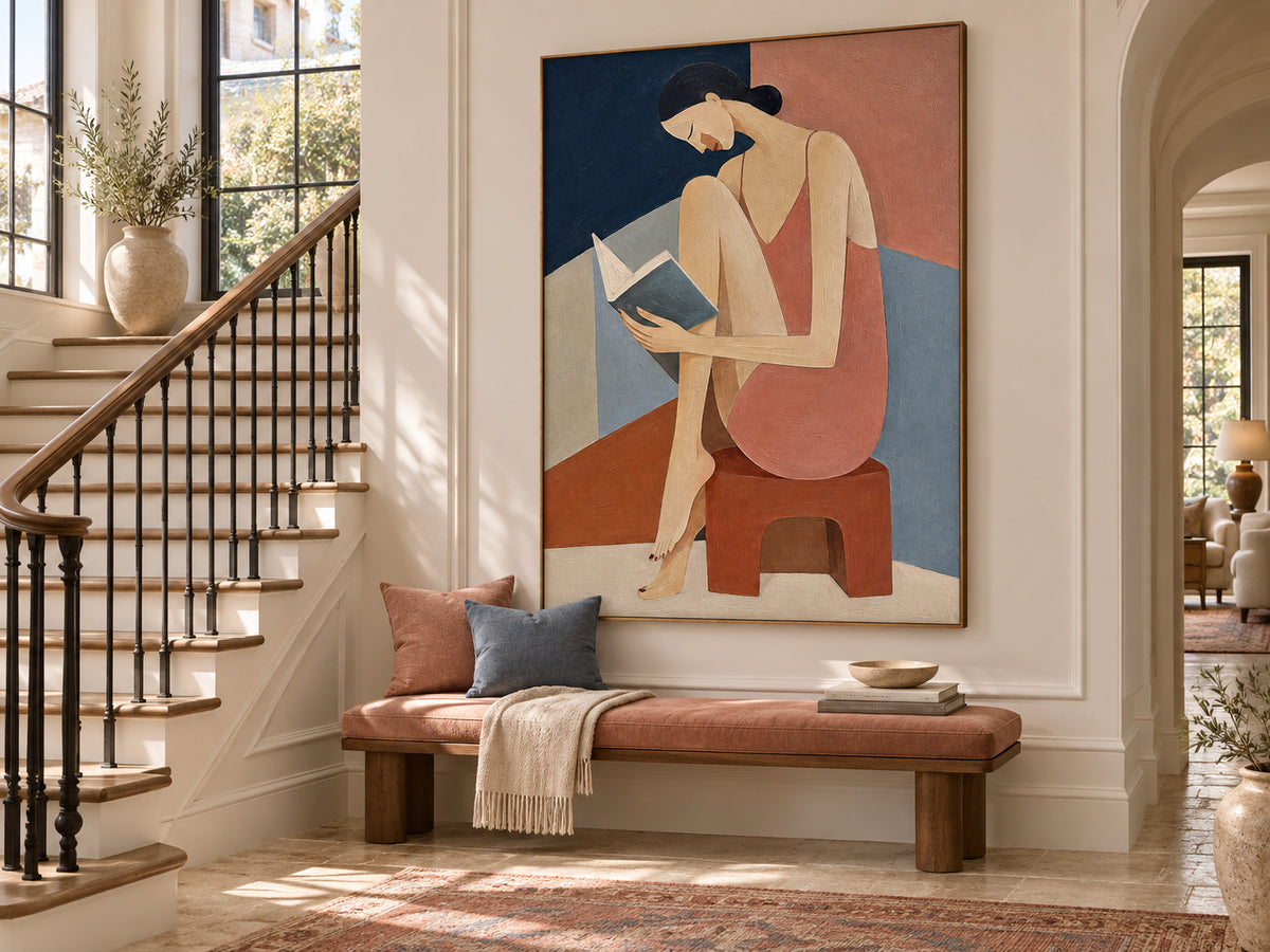 Woman Reading Portrait In Pink And Blue Hand-Painted Modern Canvas Art
