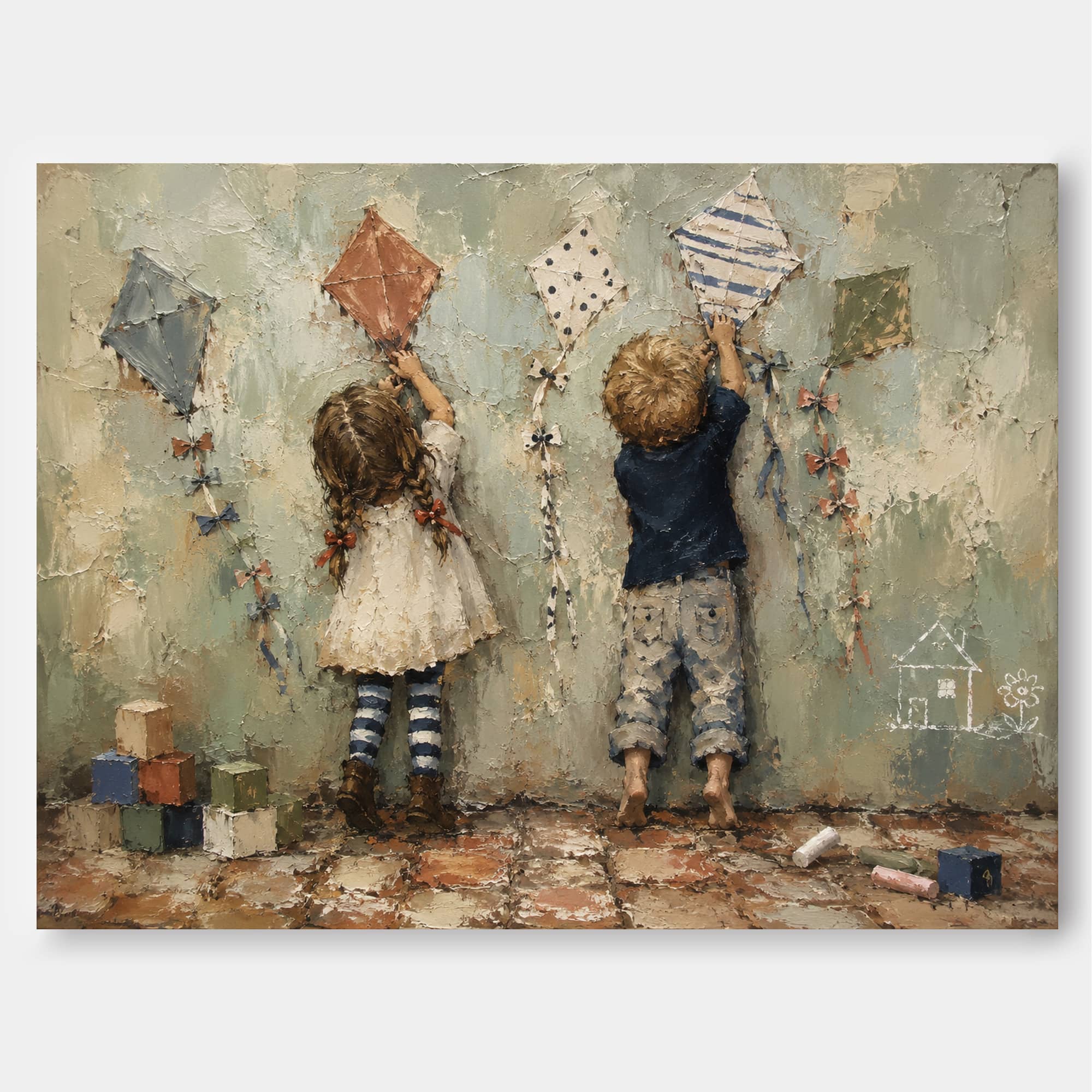 Textured Oil Painting Of Children Drawing Kites In Retro Illustrative Style