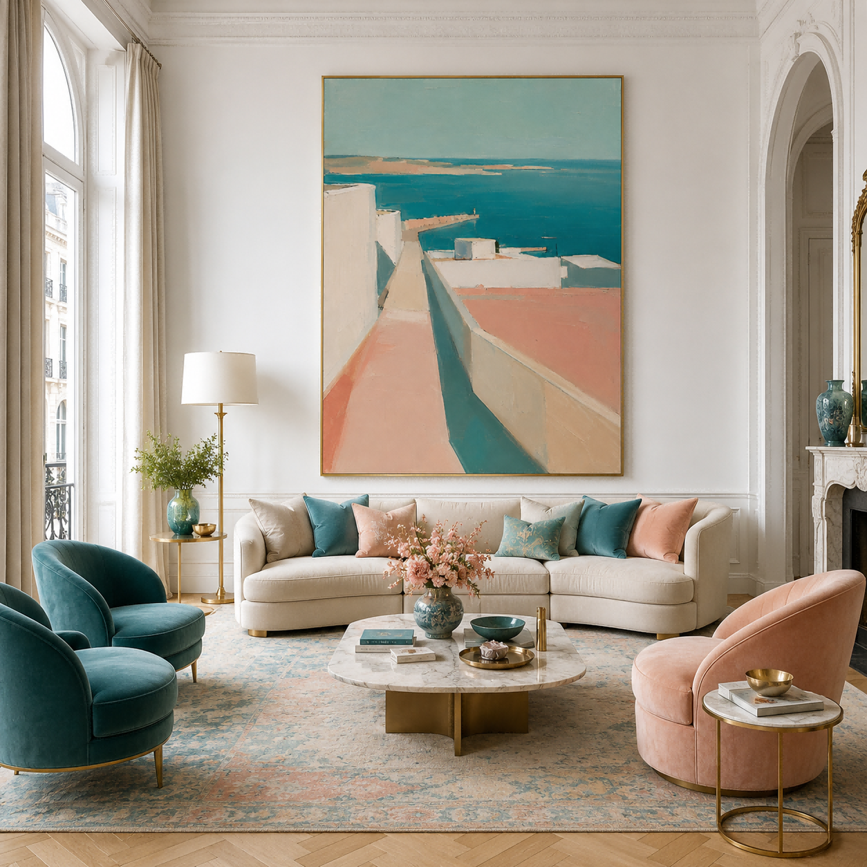 Abstract Coastal Architecture Art With White Buildings And Turquoise Sea Vertical Canvas