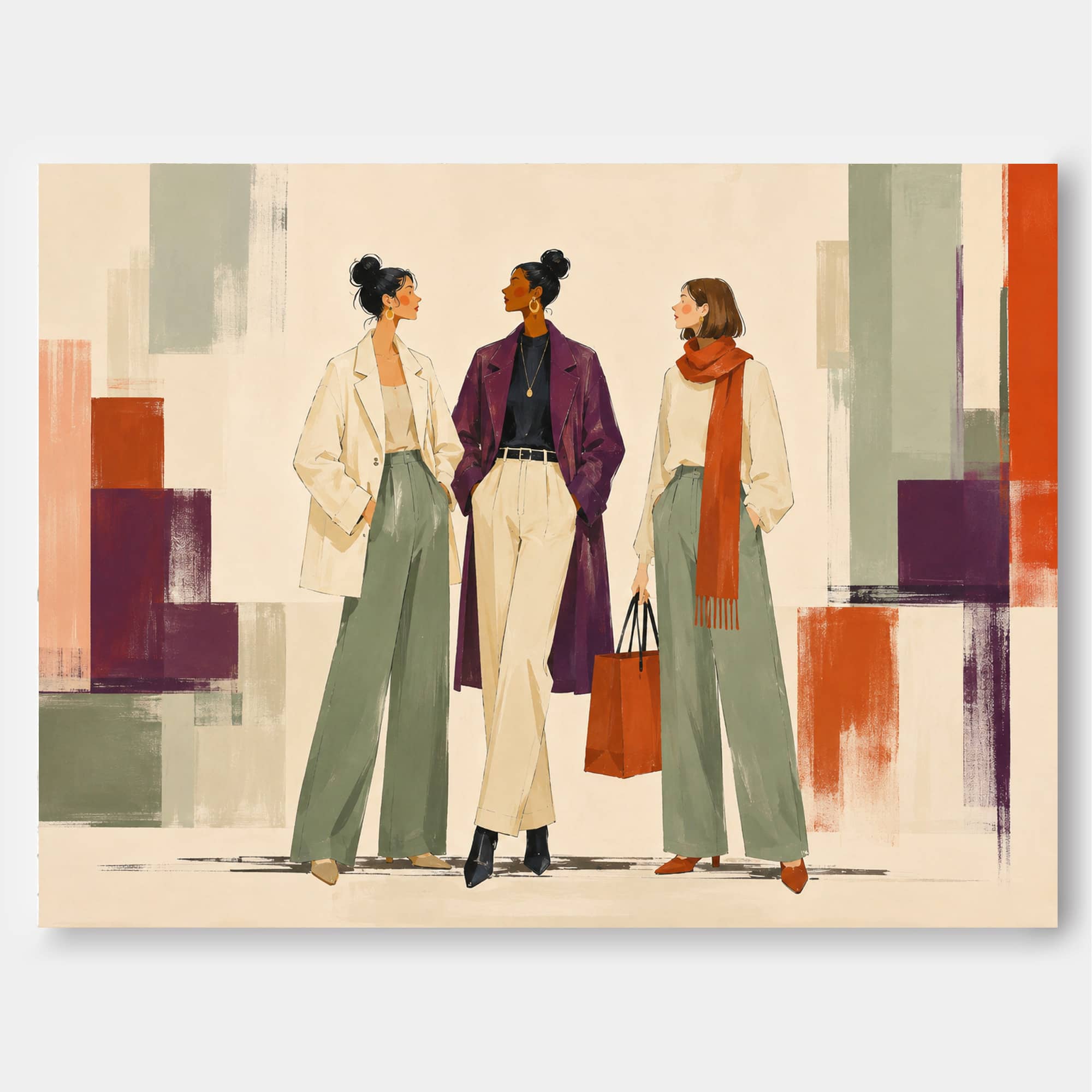 Modern Fashion Art Painting Of Elegant Women In Geometric Style For Living Room Decor
