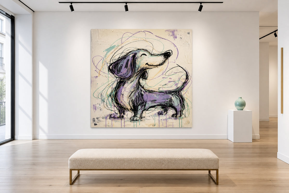 Hand-Painted Purple Dachshund Canvas Art With Graffiti Style